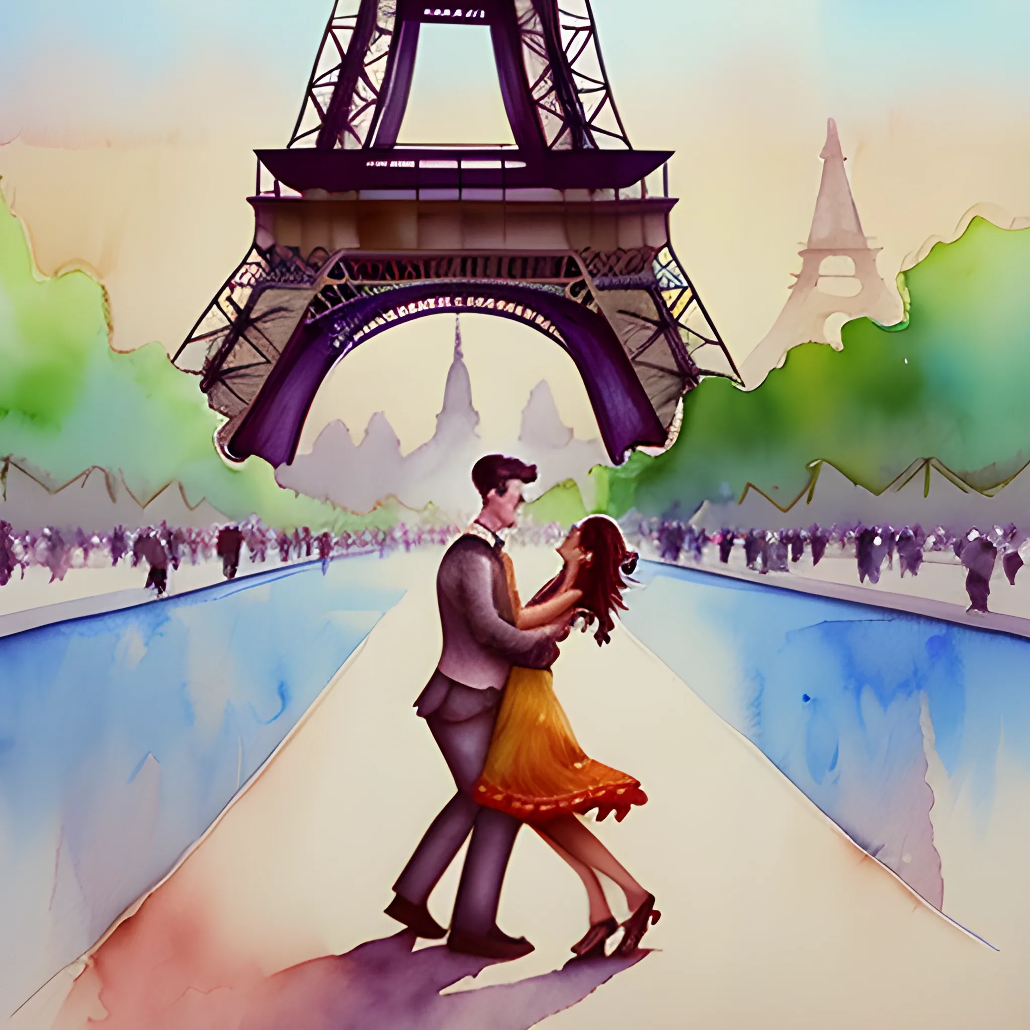 a aestethic man and a beautiful brown hair woman dancing in front of the eiffel tour romantic summer watercolor by arti chauhan trending on artstation 