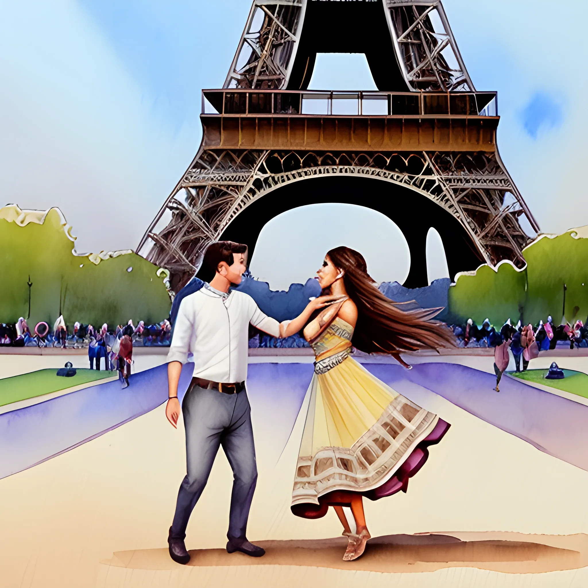 a aestethic man and a beautiful brown hair woman dancing in front of the eiffel tour romantic summer watercolor by arti chauhan trending on artstation, detailed image