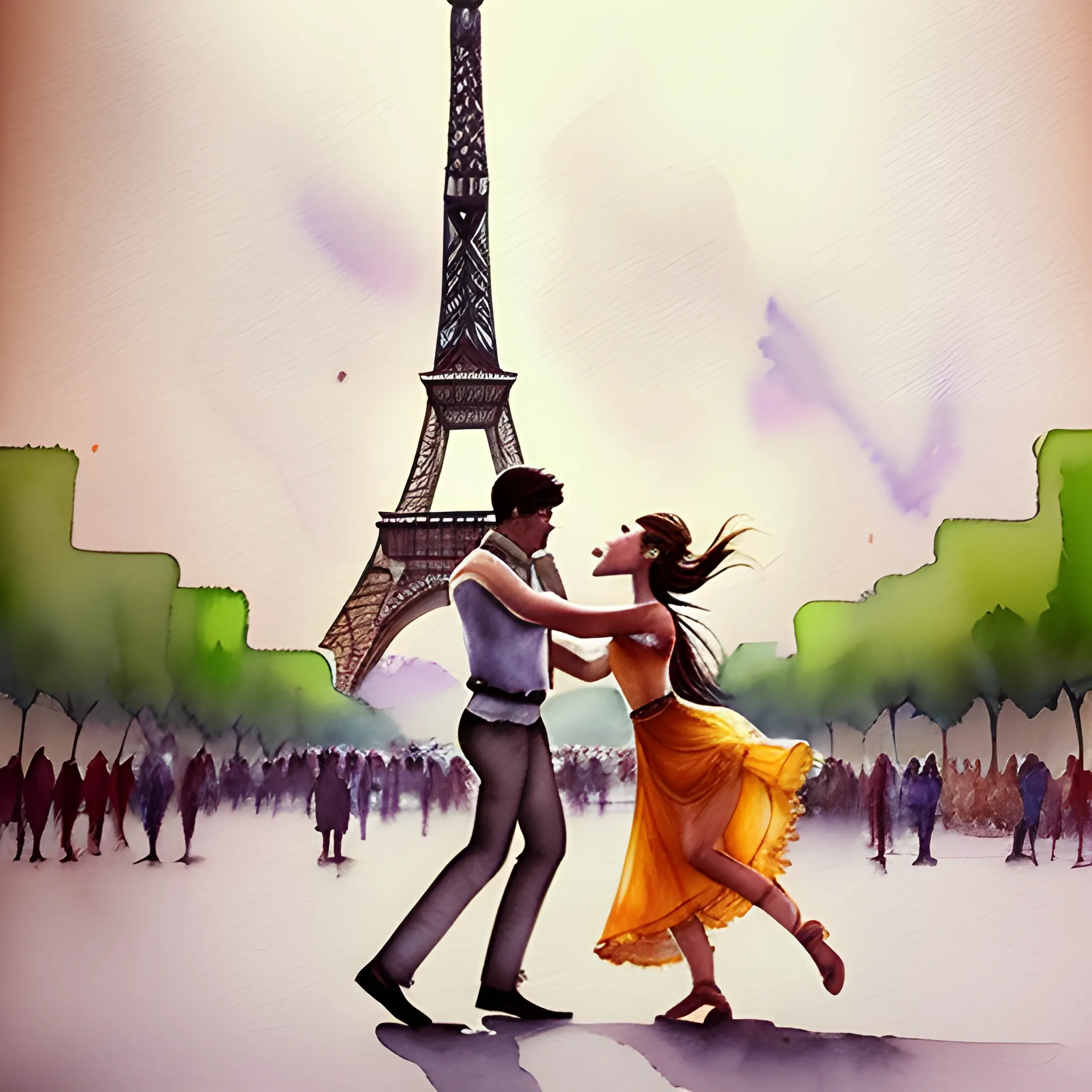 a aestethic man and a beautiful brown hair woman dancing in front of the eiffel tour romantic summer watercolor by arti chauhan trending on artstation, detailed image