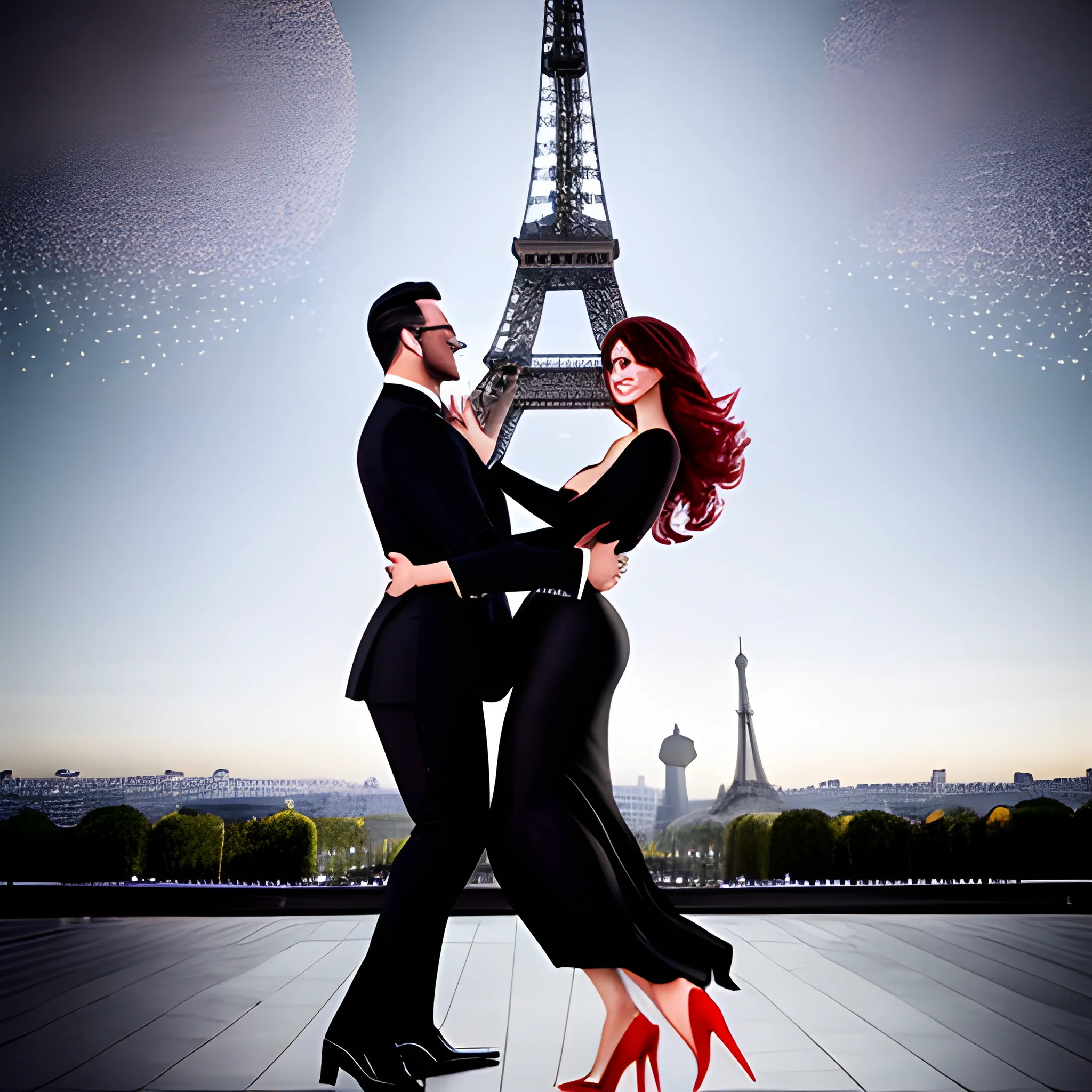 A young, stylish man and a beautiful woman are dancing together in front of the Eiffel Tower. The man is wearing a black suit with a white shirt and black dress shoes. The woman is wearing a long, flowing red dress with matching high heels. They are both smiling and looking into each other's eyes as they dance. The Eiffel Tower is lit up behind them, casting a warm glow on the scene.