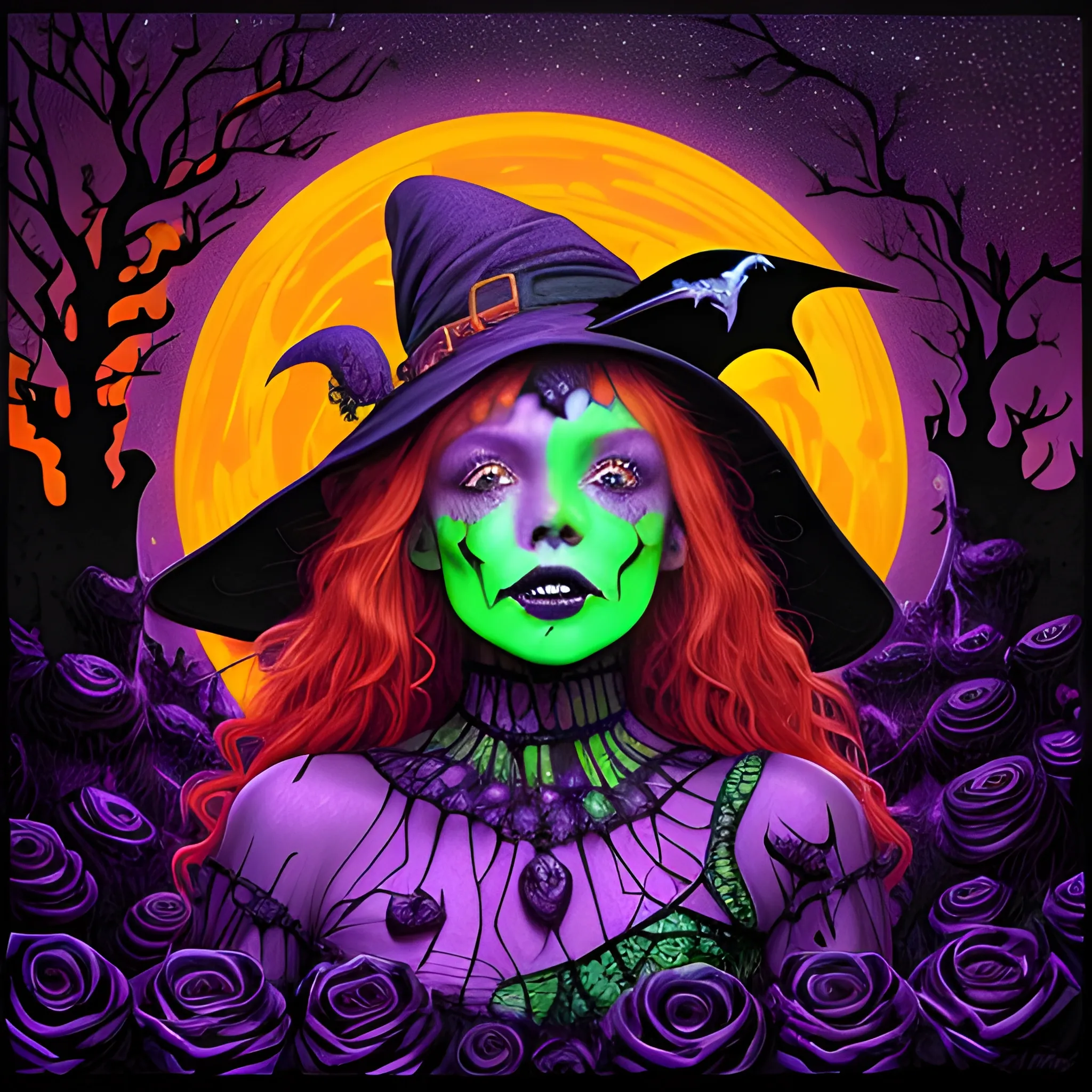 Bella Thorne / Sadie Sink face morph as a Halloween Witch, wearing a thorny witch hat adorned with thorns and black roses; Halloween, bats, full moon in a nebula sky, neon spray paint, acrylic paint, fantastical surrealist world, in the style of Stephen Gammell, extremely detailed, sick, gothic, eldritch, candles, neon grape purple, dayglo orange, chartreuse green, Halloween perfect purple pumpkins, green skulls, orange bats, magic, candles, cobweb, spider, glitter, luminous color sparkles, dayglo orange, neon grape purple, chartreuse green, hot pink, stars, sparkles, glitter, lanterns, gourds, Halloween; Goddess of the Night with a crescent moon and many stars in the style of Maxfield Parrish, starry night, James R. Eads