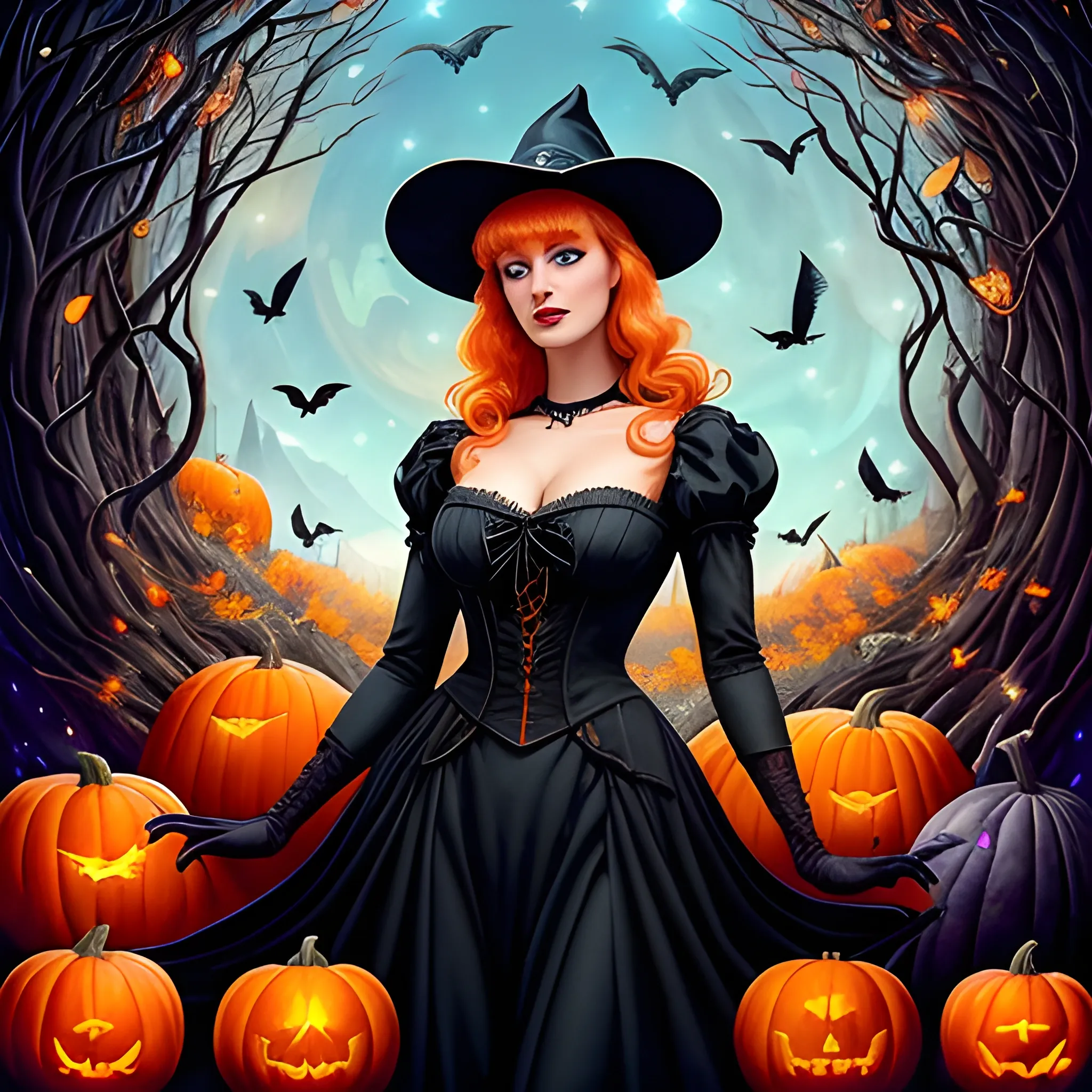 A Beautiful Young Witch Surrounded By Ravens And Pumpkins, Fanta 