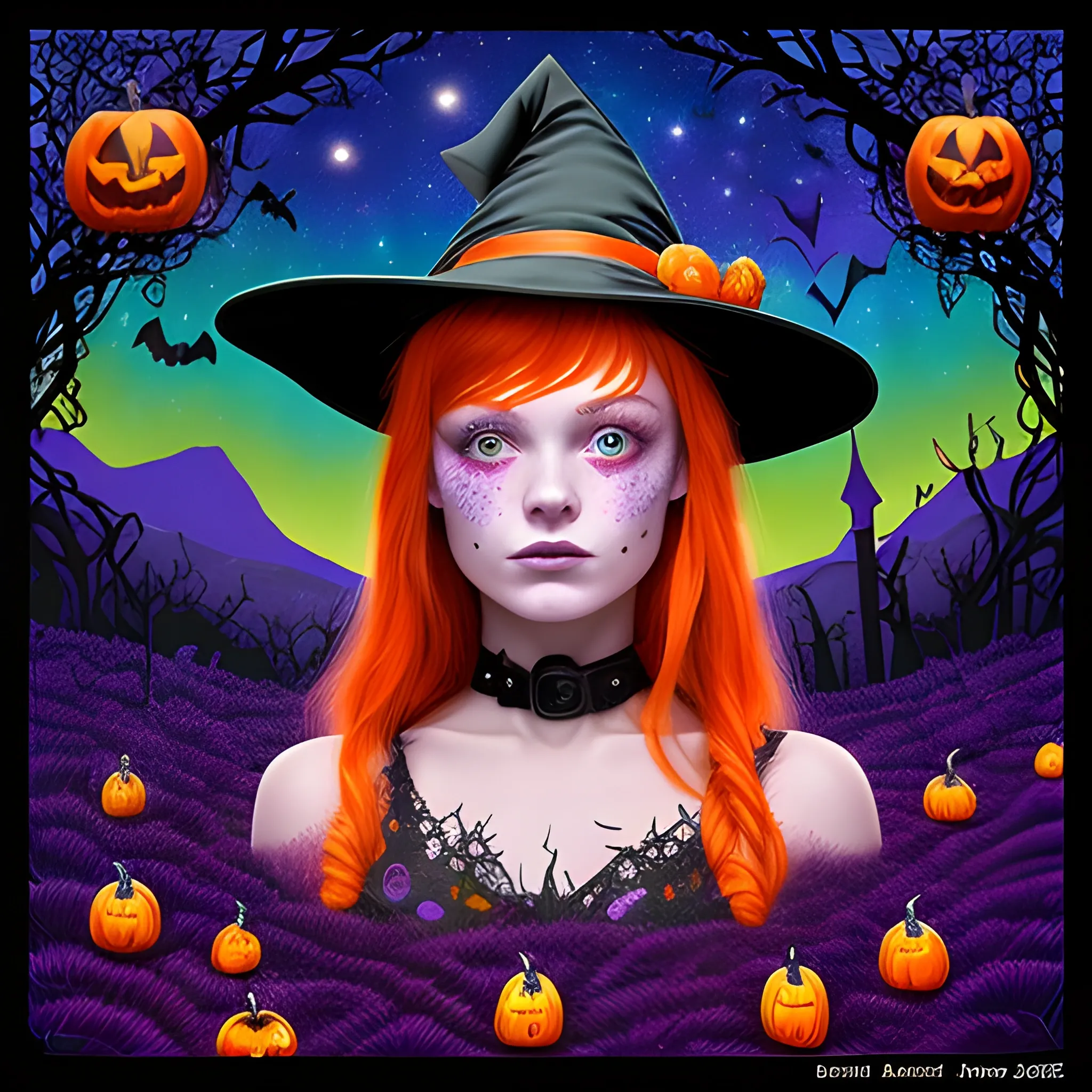 Bella Thorne / Sadie Sink face morph as a Halloween Witch, wearing a thorny witch hat adorned with thorns and black roses; Halloween, bats, full moon in a nebula sky, neon spray paint, acrylic paint, fantastical surrealist world, in the style of Stephen Gammell, extremely detailed, sick, gothic, eldritch, candles, neon grape purple, dayglo orange, chartreuse green, Halloween perfect purple pumpkins, green skulls, orange bats, magic, candles, cobweb, spider, glitter, luminous color sparkles, dayglo orange, neon grape purple, chartreuse green, hot pink, stars, sparkles, glitter, lanterns, gourds, Halloween; Goddess of the Night with a crescent moon and many stars in the style of Maxfield Parrish, starry night, James R. Eads, 3D