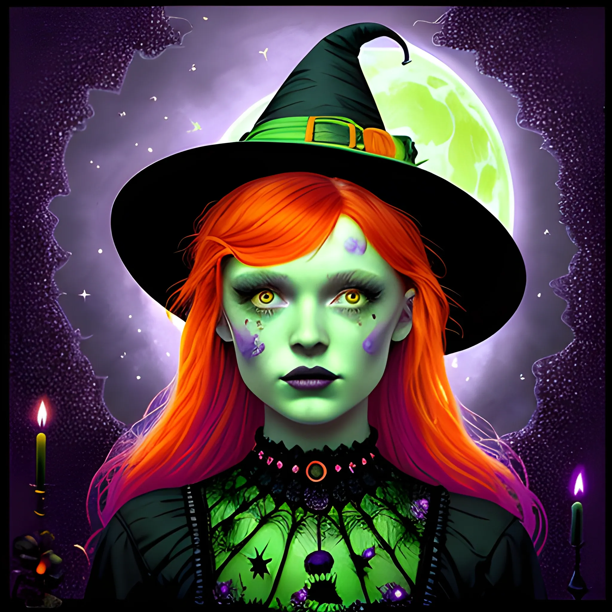 Bella Thorne / Sadie Sink face morph as a Halloween Witch, wearing a thorny witch hat adorned with thorns and black roses; Halloween, bats, full moon in a nebula sky, neon spray paint, acrylic paint, fantastical surrealist world, in the style of Stephen Gammell, extremely detailed, sick, gothic, eldritch, candles, neon grape purple, dayglo orange, chartreuse green, Halloween perfect purple pumpkins, green skulls, orange bats, magic, candles, cobweb, spider, glitter, luminous color sparkles, dayglo orange, neon grape purple, chartreuse green, hot pink, stars, sparkles, glitter, lanterns, gourds, Halloween; Goddess of the Night with a crescent moon and many stars in the style of Maxfield Parrish, starry night, James R. Eads, 3D