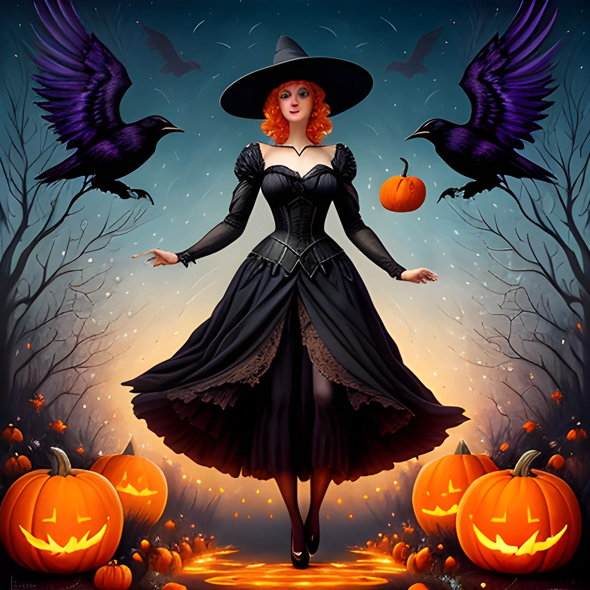 a beautiful young witch surrounded by ravens and pumpkins, fantasy art by Jana Brike, Margaret Brundage, Gil Elvgren, Mister Feelgood Art, BoneHed-Art, XNO art, J-Skipper, Zan Von Zed; beautiful lights, luminous color sparkles, glitter, effulgent light, Renaissance,16k, mixed media, ethereal, Unreal Engine 5