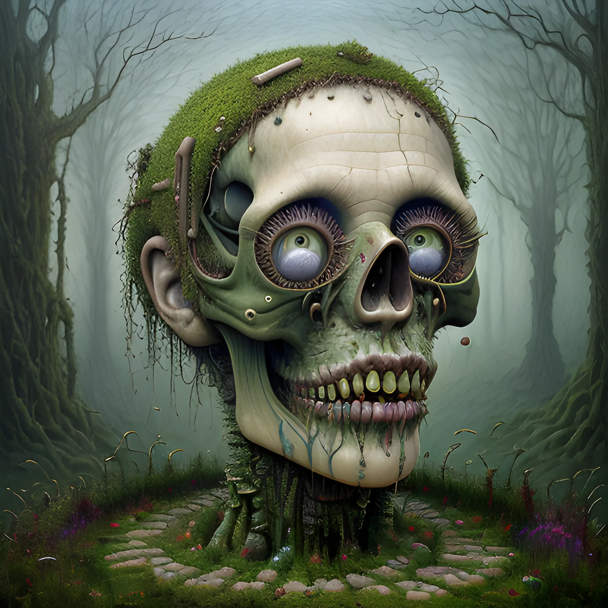 A hyperreal oil painting of a decayed zombie head, bulging eyes, rotten green skin, grey beard, blue veins, moss ivy hair skull, octane render; gediminas pranckevicius, volumetric light 2, laurie lipton, minarets, fantasy, high definition, acrylic art, intricately detailed, Jacek Yerka, Peter Gric, Hundertwasser