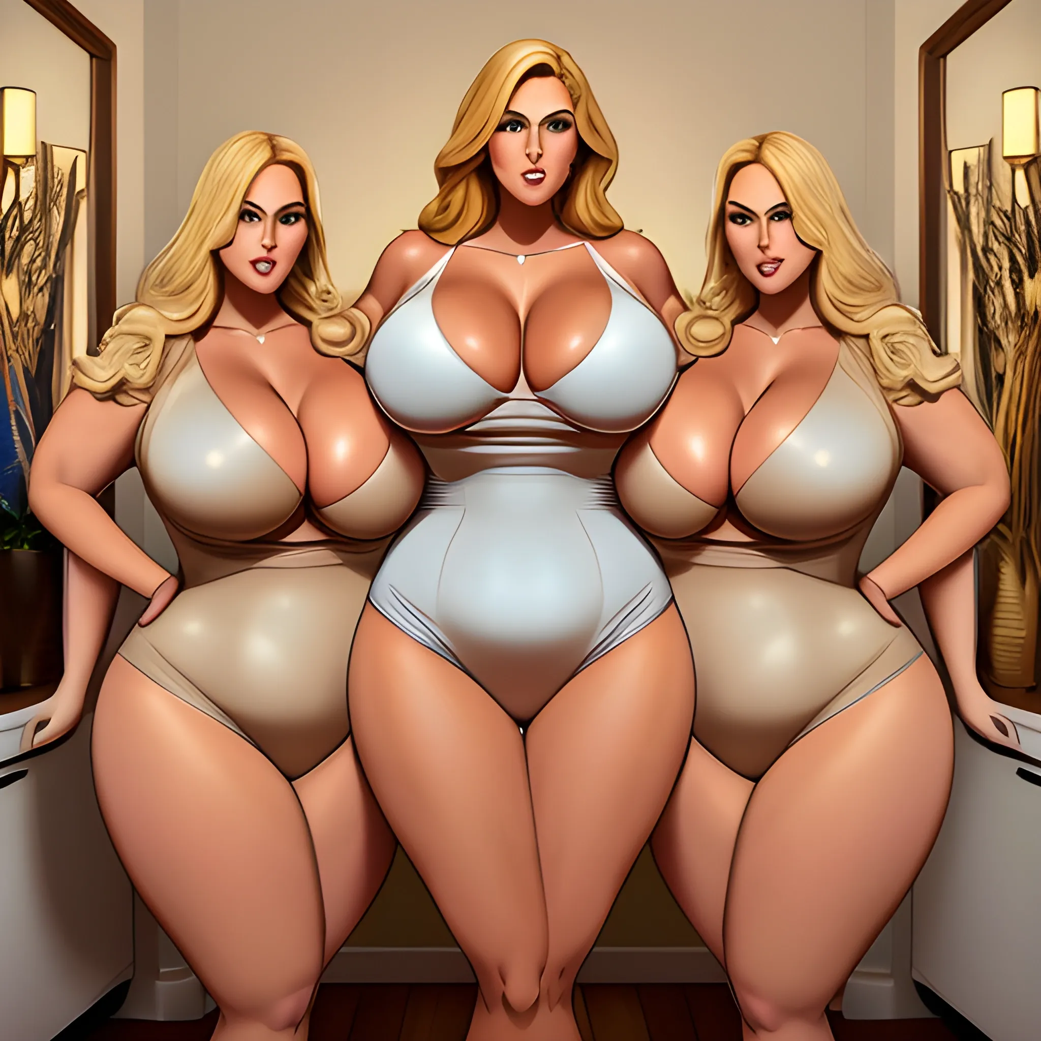 massive and very tall, beautiful, plus size, friendly beautiful blonde girl, broad shoulders, small round breasts, slightly muscular, golden blonde hair, full voluptuous hourglass body and long big thighs and big legs in short tight dress, athletic, standing in beautiful house next to her five slightly shorter blonde daughters with the same bodytype loving her and hugging and clinging to her and kissing her