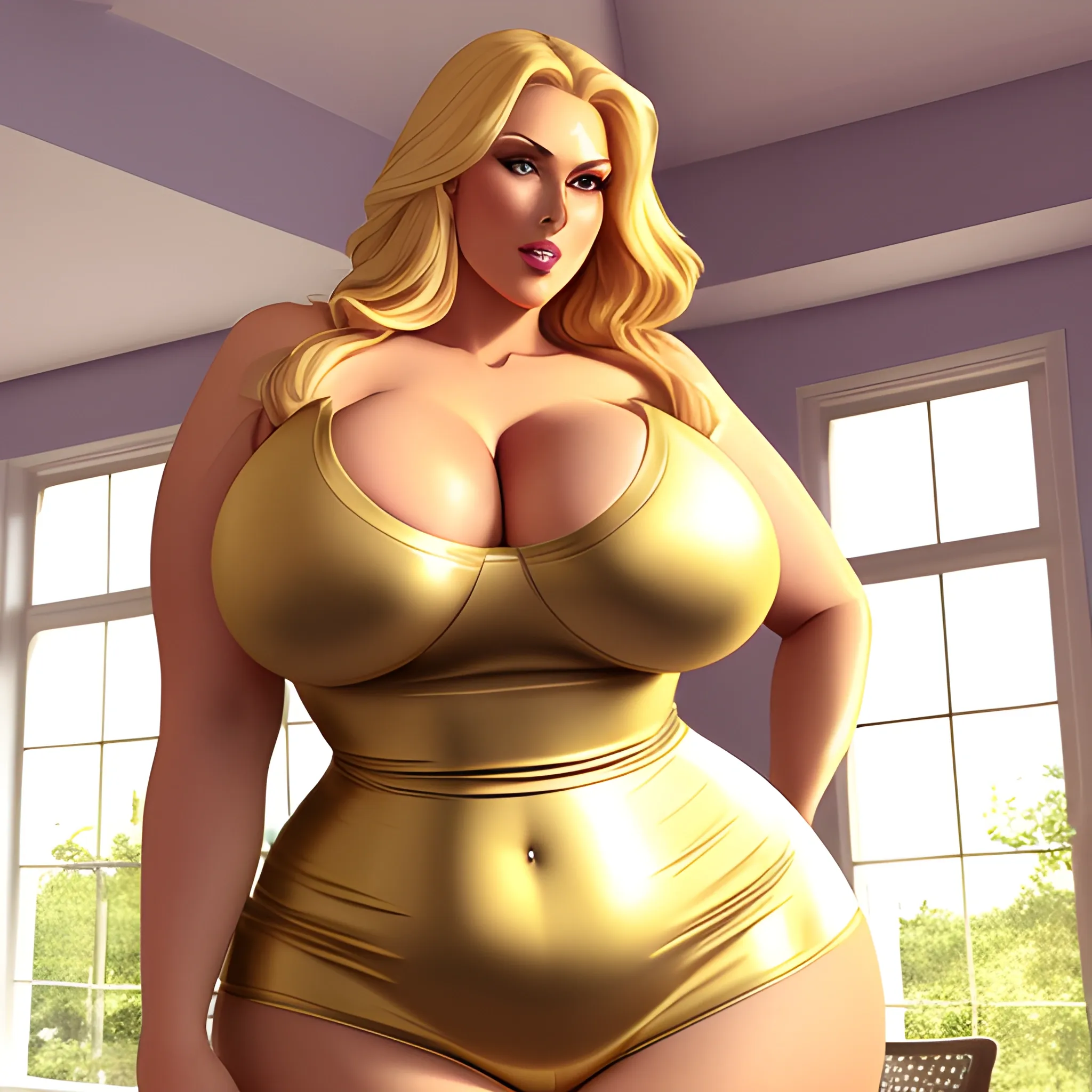 massive and very tall, beautiful, plus size, friendly beautiful blonde girl, broad shoulders, small round breasts, slightly muscular, golden blonde hair, full voluptuous hourglass body and long big thighs and big legs in short tight dress, athletic, standing in beautiful house next to her five slightly shorter blonde daughters with the same bodytype loving her and hugging and clinging to her and kissing her