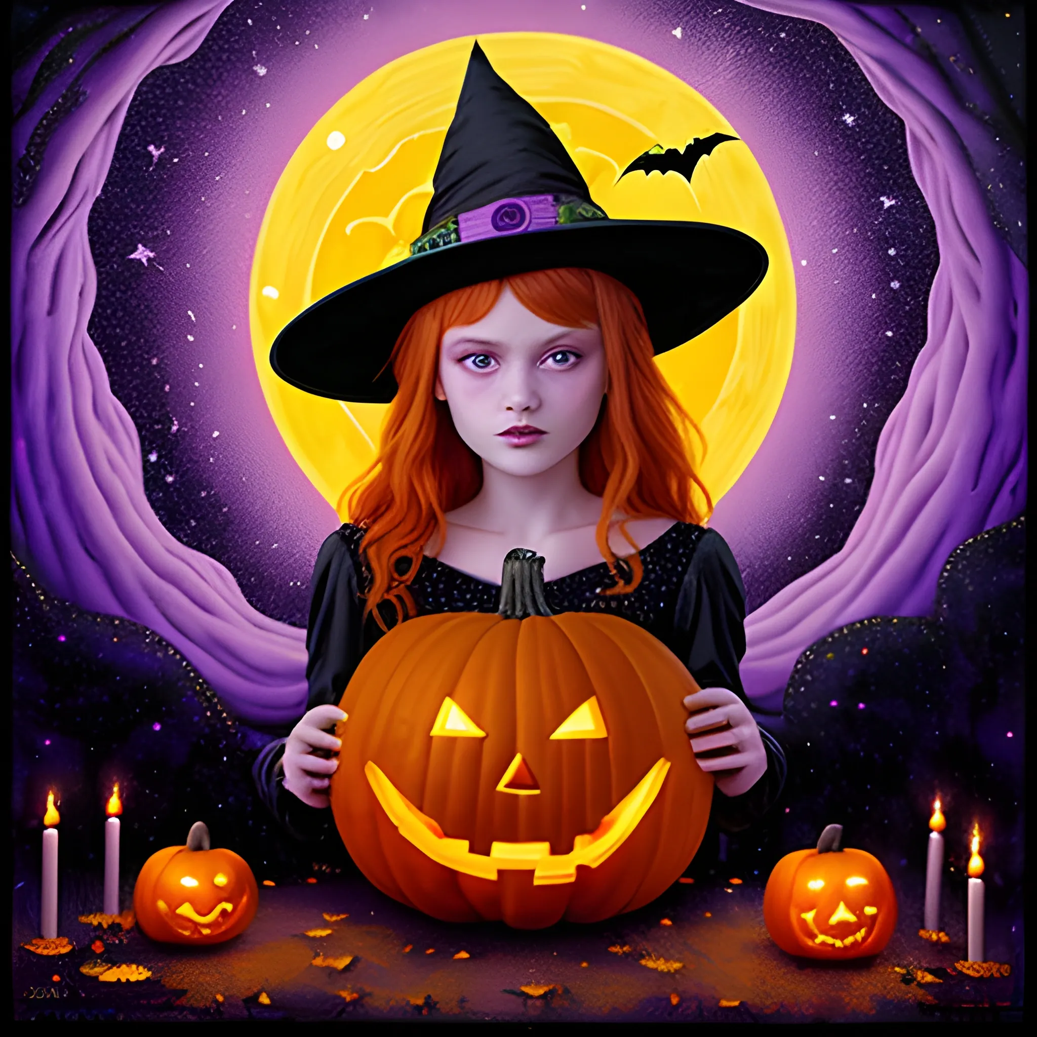 Bella Thorne / Sadie Sink face morph as a Halloween Witch, wearing a thorny witch hat adorned with thorns and black roses; Halloween, bats, full moon in a nebula sky, neon spray paint, acrylic paint, fantastical surrealist world, in the style of Stephen Gammell, extremely detailed, sick, gothic, eldritch, candles, neon grape purple, dayglo orange, chartreuse green, Halloween perfect purple pumpkins, green skulls, orange bats, magic, candles, cobweb, spider, glitter, luminous color sparkles, dayglo orange, neon grape purple, chartreuse green, hot pink, stars, sparkles, glitter, lanterns, gourds, Halloween; Goddess of the Night with a crescent moon and many stars in the style of Maxfield Parrish, starry night, James R. Eads, 3D