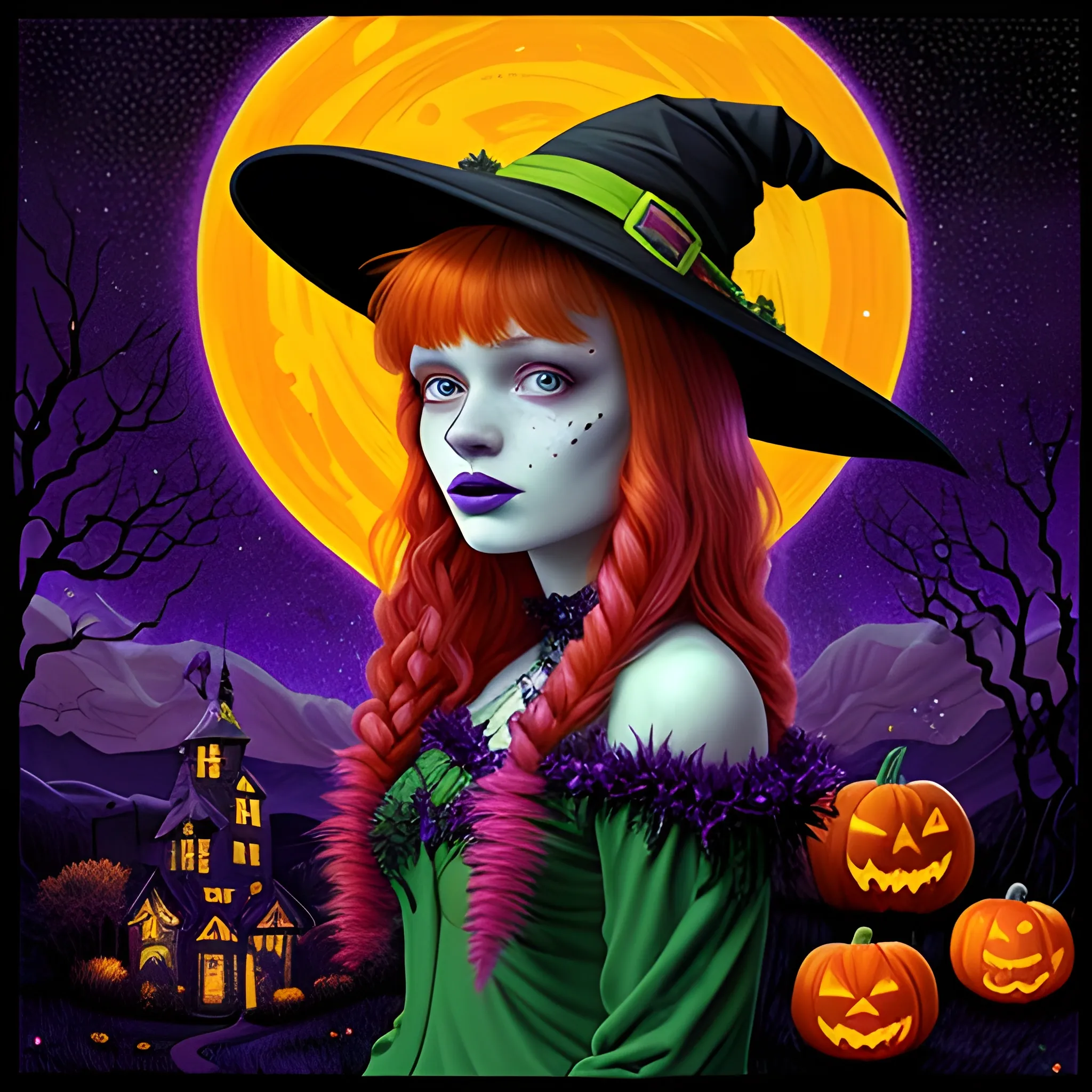 Bella Thorne / Sadie Sink face morph as a Halloween Witch, wearing a thorny witch hat adorned with thorns and black roses; Halloween, bats, full moon in a nebula sky, neon spray paint, acrylic paint, fantastical surrealist world, in the style of Stephen Gammell, extremely detailed, sick, gothic, eldritch, candles, neon grape purple, dayglo orange, chartreuse green, Halloween perfect purple pumpkins, green skulls, orange bats, magic, candles, cobweb, spider, glitter, luminous color sparkles, dayglo orange, neon grape purple, chartreuse green, hot pink, stars, sparkles, glitter, lanterns, gourds, Halloween; Goddess of the Night with a crescent moon and many stars in the style of Maxfield Parrish, starry night, James R. Eads