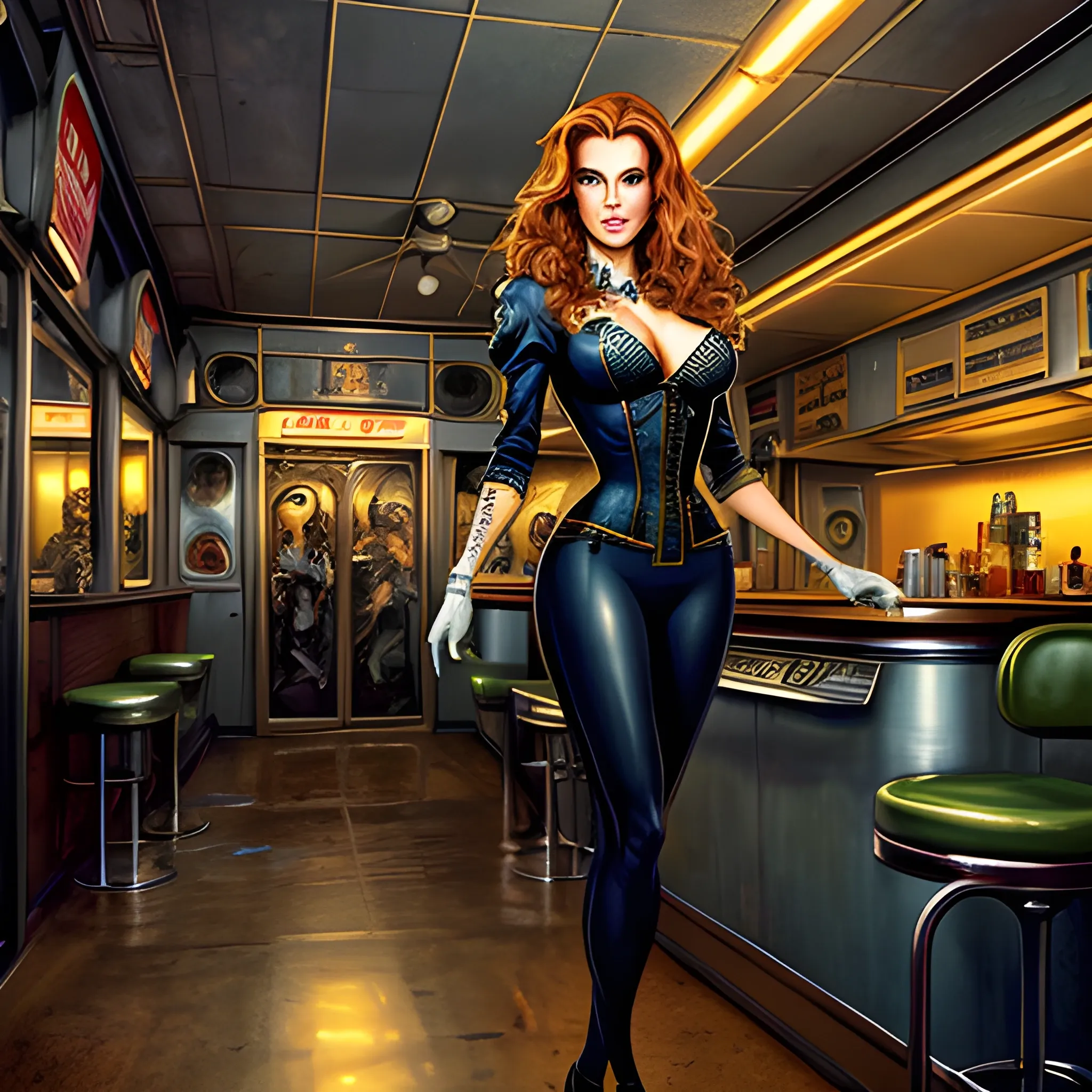 young Robyn Lively in a 50's diner, meticulously detailed eyes, perfect full-length body, perfect anatomy, her highly detailed face, meticulously detailed hair and clothes by artist "Aleksi Briclot" and Russ Mills, Dan Mumford, teen witch 