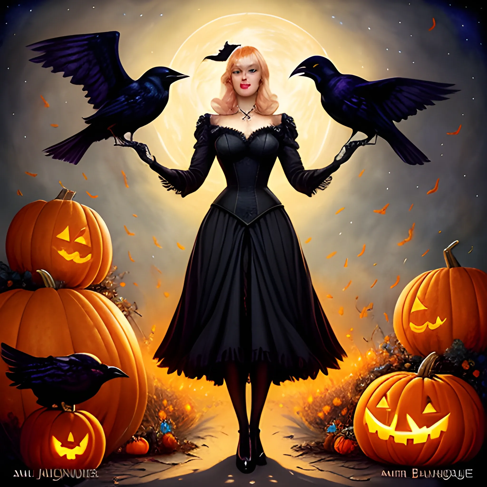 a beautiful young witch surrounded by ravens and pumpkins, fantasy art by Jana Brike, Margaret Brundage, Gil Elvgren, Mister Feelgood Art, BoneHed-Art, XNO art, J-Skipper, Zan Von Zed; beautiful lights, luminous color sparkles, glitter, effulgent light, Renaissance,16k, mixed media, ethereal, Unreal Engine 5