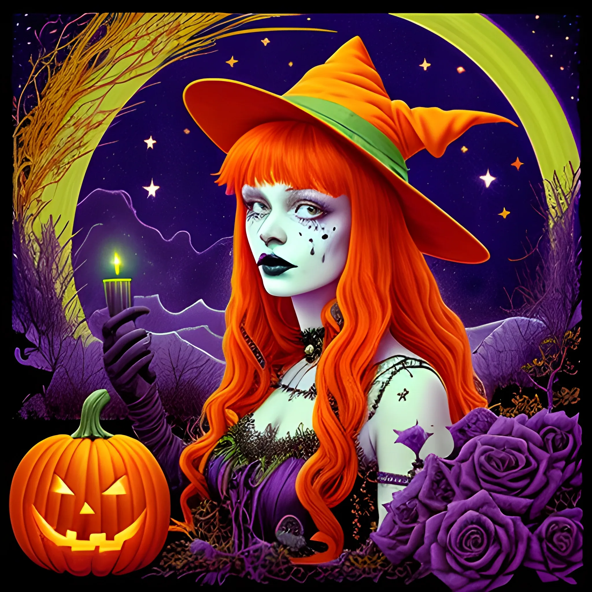 Bella Thorne / Sadie Sink face morph as a Halloween Witch, wearing a thorny witch hat adorned with thorns and black roses; Halloween, bats, full moon in a nebula sky, neon spray paint, acrylic paint, fantastical surrealist world, in the style of Stephen Gammell, extremely detailed, sick, gothic, eldritch, candles, neon grape purple, dayglo orange, chartreuse green, Halloween perfect purple pumpkins, green skulls, orange bats, magic, candles, cobweb, spider, glitter, luminous color sparkles, dayglo orange, neon grape purple, chartreuse green, hot pink, stars, sparkles, glitter, lanterns, gourds, Halloween; Goddess of the Night with a crescent moon and many stars in the style of Maxfield Parrish, starry night, James R. Eads