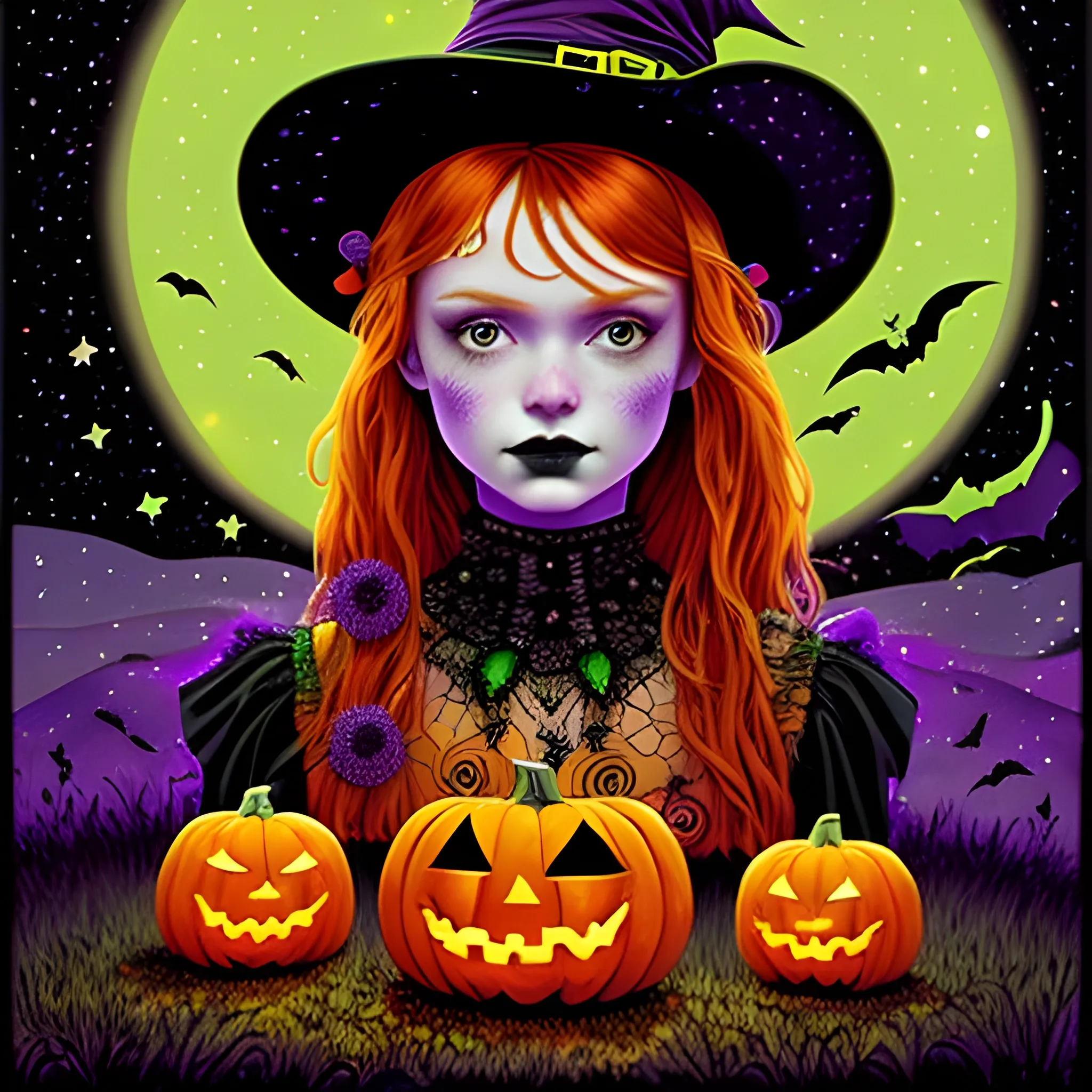 Bella Thorne / Sadie Sink face morph as a Halloween Witch, wearing a thorny witch hat adorned with thorns and black roses; Halloween, bats, full moon in a nebula sky, neon spray paint, acrylic paint, fantastical surrealist world, in the style of Stephen Gammell, extremely detailed, sick, gothic, eldritch, candles, neon grape purple, dayglo orange, chartreuse green, Halloween perfect purple pumpkins, green skulls, orange bats, magic, candles, cobweb, spider, glitter, luminous color sparkles, dayglo orange, neon grape purple, chartreuse green, hot pink, stars, sparkles, glitter, lanterns, gourds, Halloween; Goddess of the Night with a crescent moon and many stars in the style of Maxfield Parrish, starry night, James R. Eads