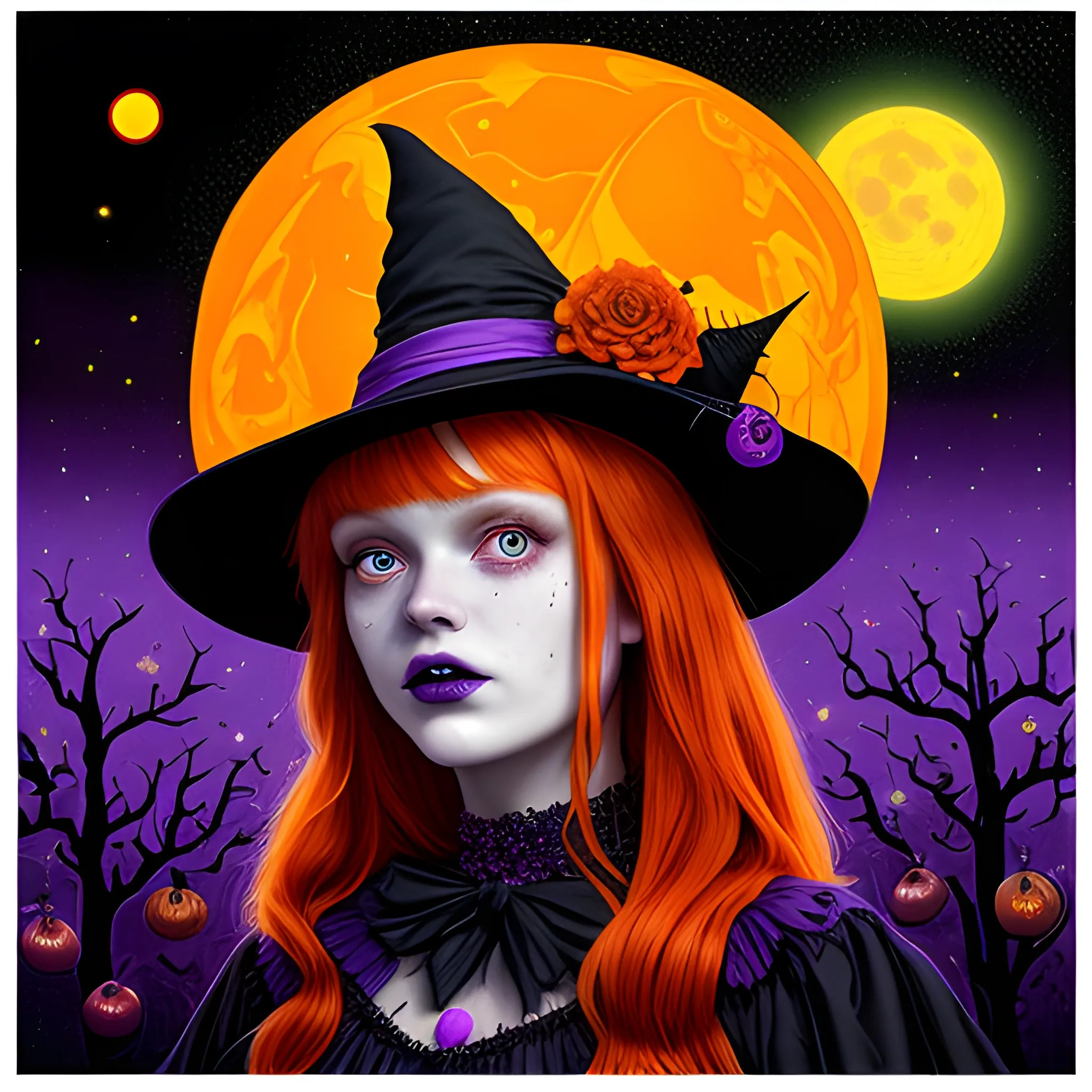 Bella Thorne / Sadie Sink face morph as a Halloween Witch, wearing a thorny witch hat adorned with thorns and black roses; Halloween, bats, full moon in a nebula sky, neon spray paint, acrylic paint, fantastical surrealist world, in the style of Stephen Gammell, extremely detailed, sick, gothic, eldritch, candles, neon grape purple, dayglo orange, chartreuse green, Halloween perfect purple pumpkins, green skulls, orange bats, magic, candles, cobweb, spider, glitter, luminous color sparkles, dayglo orange, neon grape purple, chartreuse green, hot pink, stars, sparkles, glitter, lanterns, gourds, Halloween; Goddess of the Night with a crescent moon and many stars in the style of Maxfield Parrish, starry night, James R. Eads, 3D