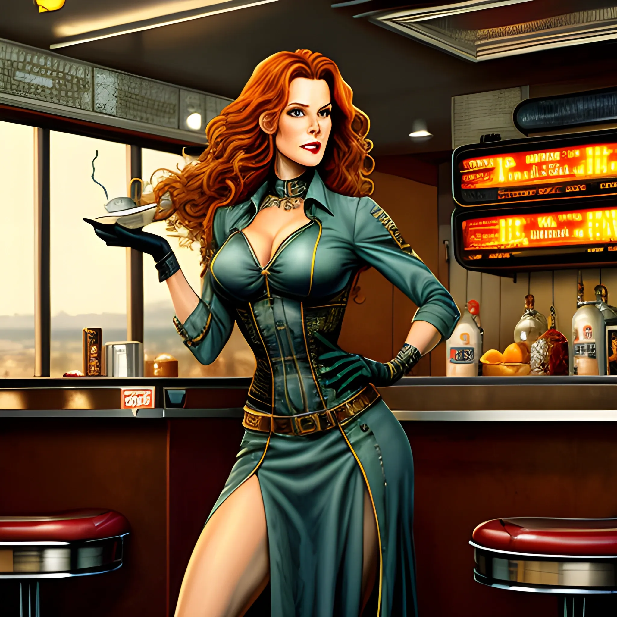 young Robyn Lively in a 50's diner, meticulously detailed eyes, perfect full-length body, perfect anatomy, her highly detailed face, meticulously detailed hair and clothes by artist "Aleksi Briclot" and Russ Mills, Dan Mumford, teen witch 