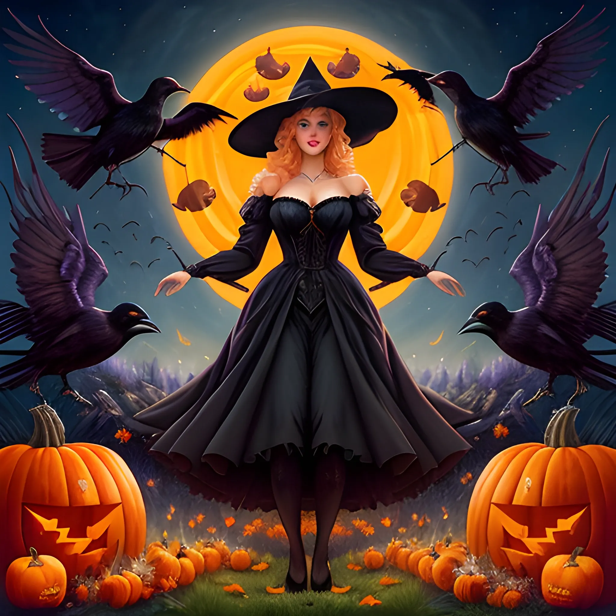 a beautiful young witch surrounded by ravens and pumpkins, fanta ...