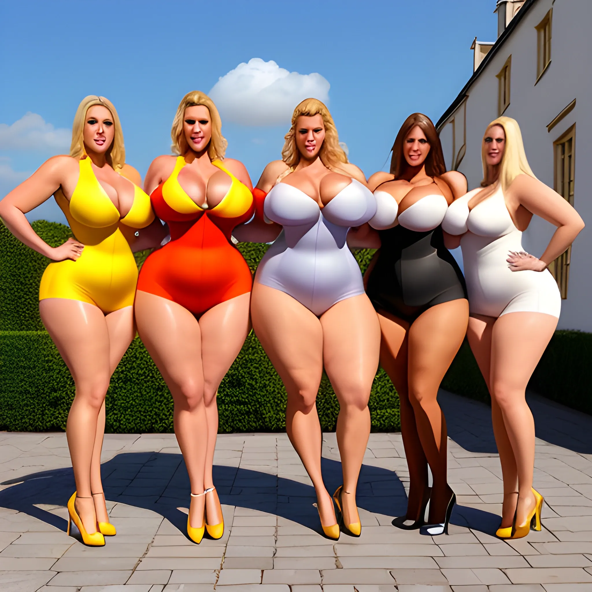 massive and very tall, beautiful, plus size, friendly beautiful blonde girl, broad shoulders, small round breasts, slightly muscular, golden blonde hair, full voluptuous hourglass body and long big thighs and big legs in short tight dress, athletic, standing in Belgian courtyard next to her five slightly shorter blonde daughters with the same bodytype loving her and hugging and clinging to her and kissing her