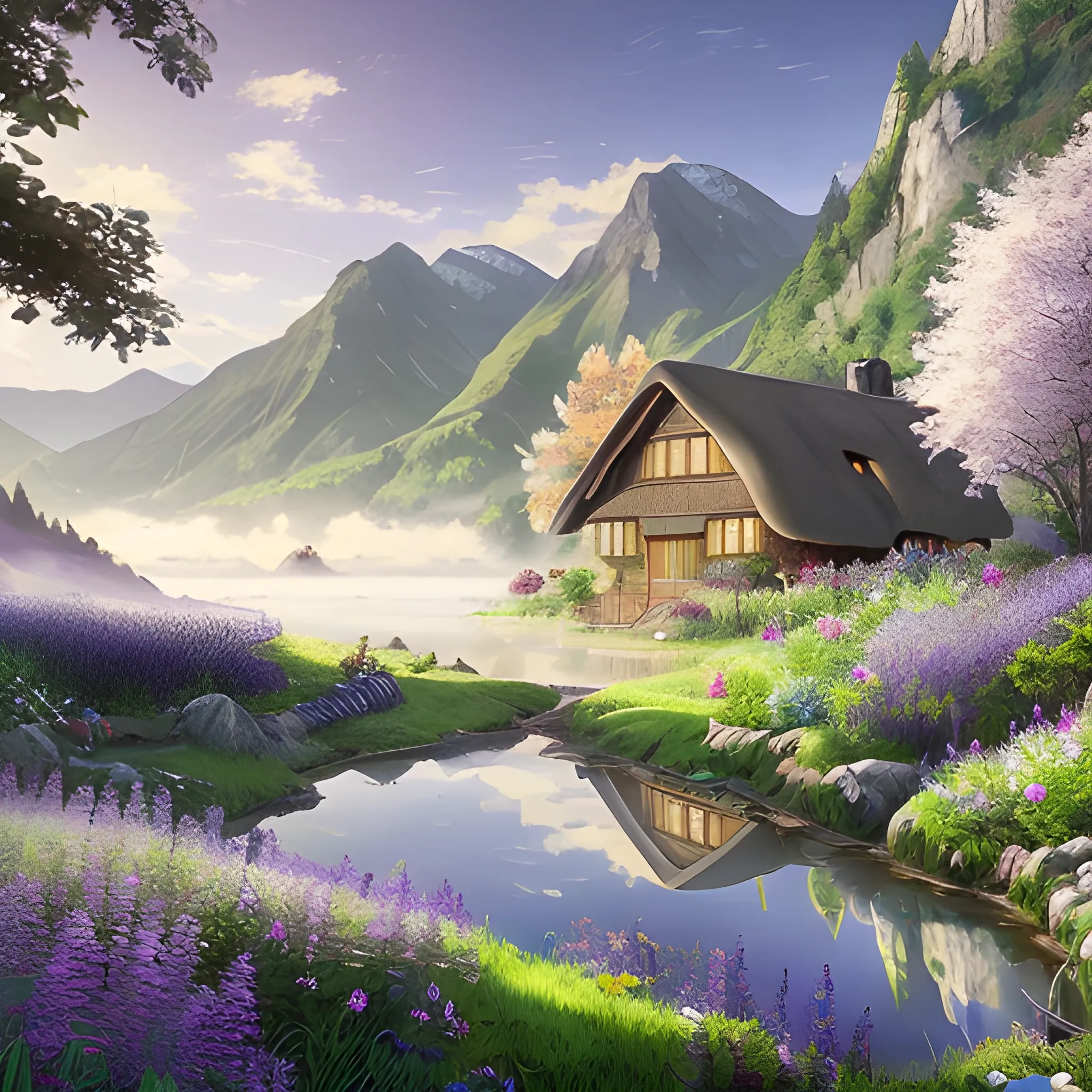 A beautiful cottage in a lush green valley with mountains in the background and a lake in the middle, sun peeking behind the mountains, sunrays, distance fog, spring, hyper realistic water, beautiful reflections, bloom, in the style of violet evergarden anime