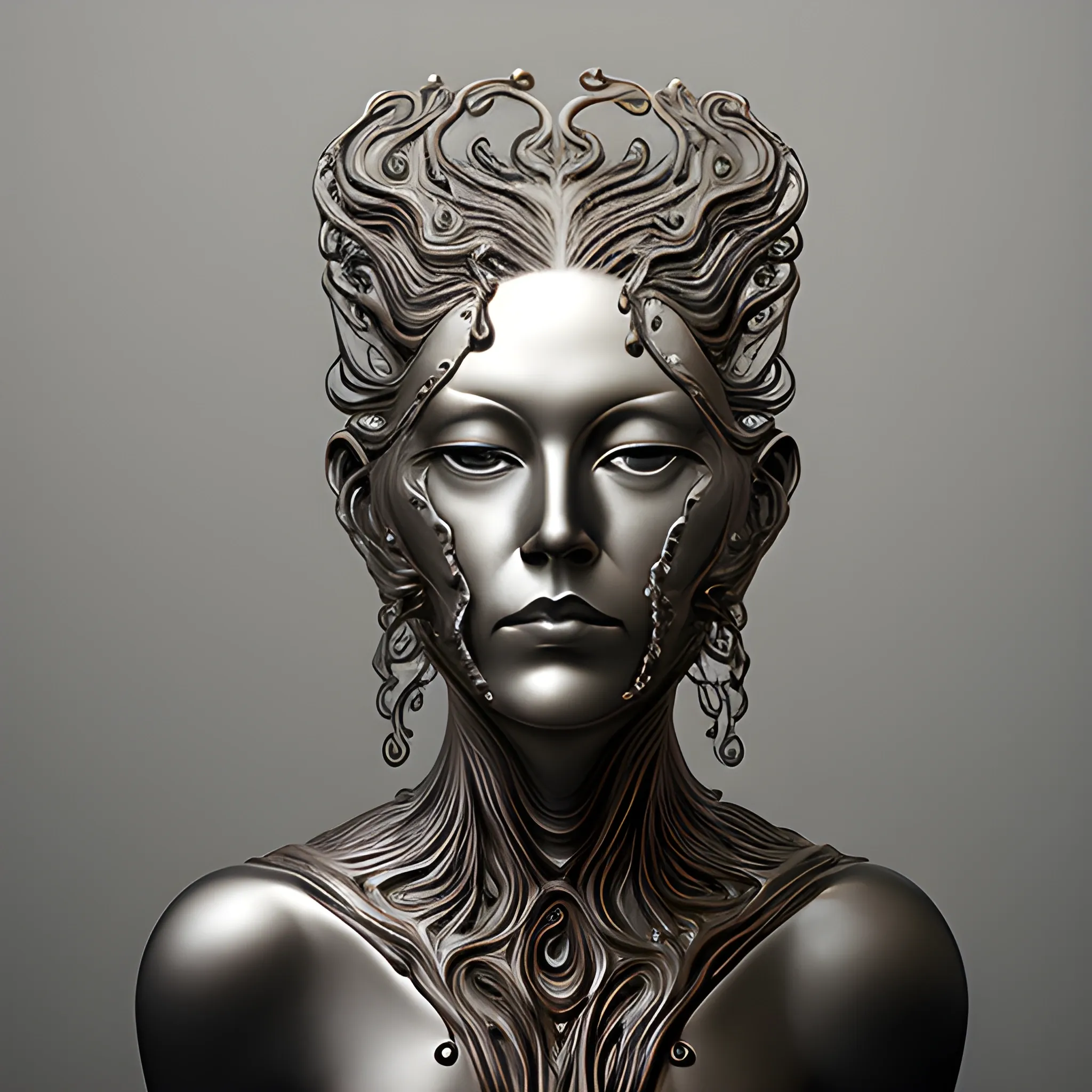 Female portrait made of fluid metal, work of a surrealist master, 8K, masterpiece