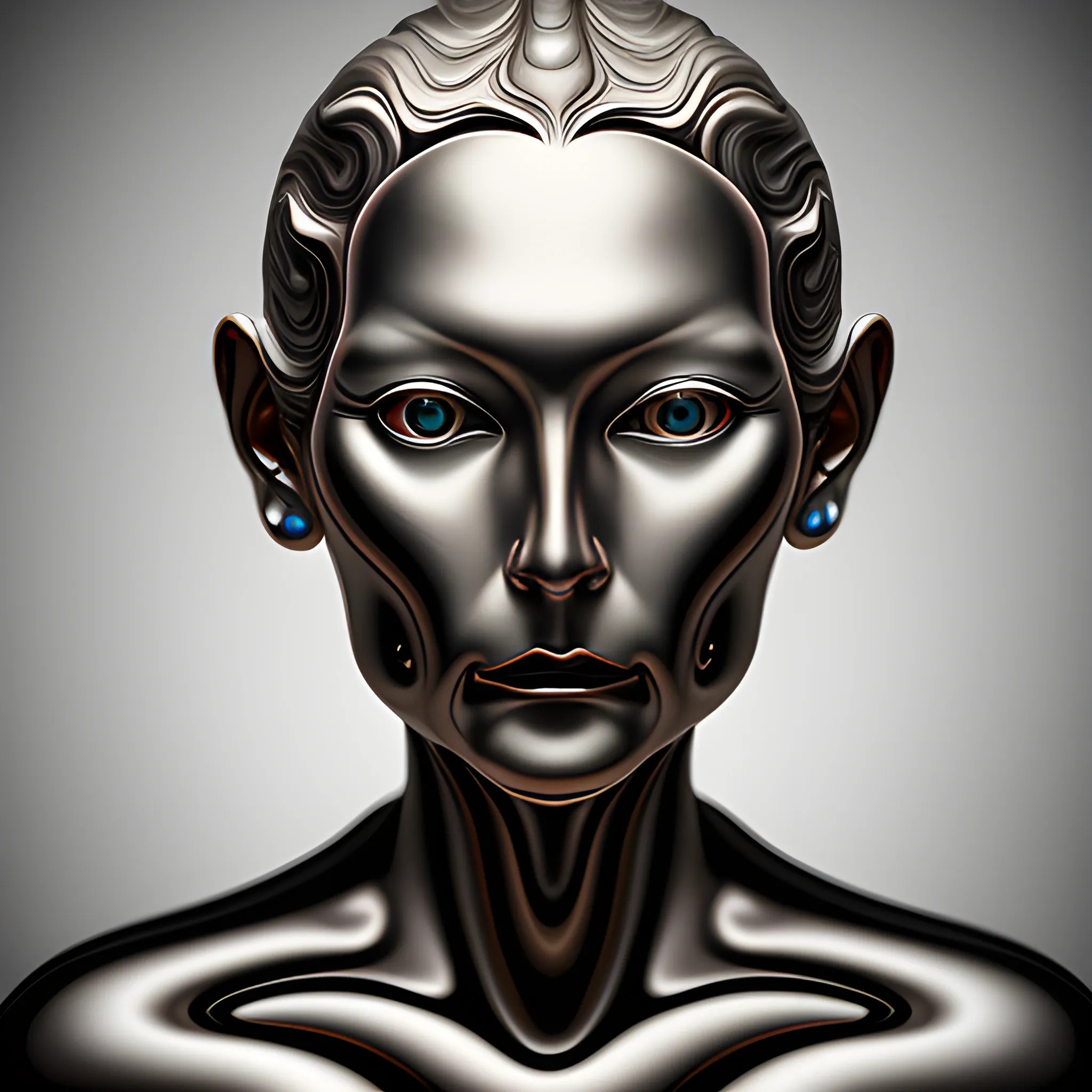 Female portrait made of fluid metal, work of a surrealist master, 8K, masterpiece, 3D, Trippy