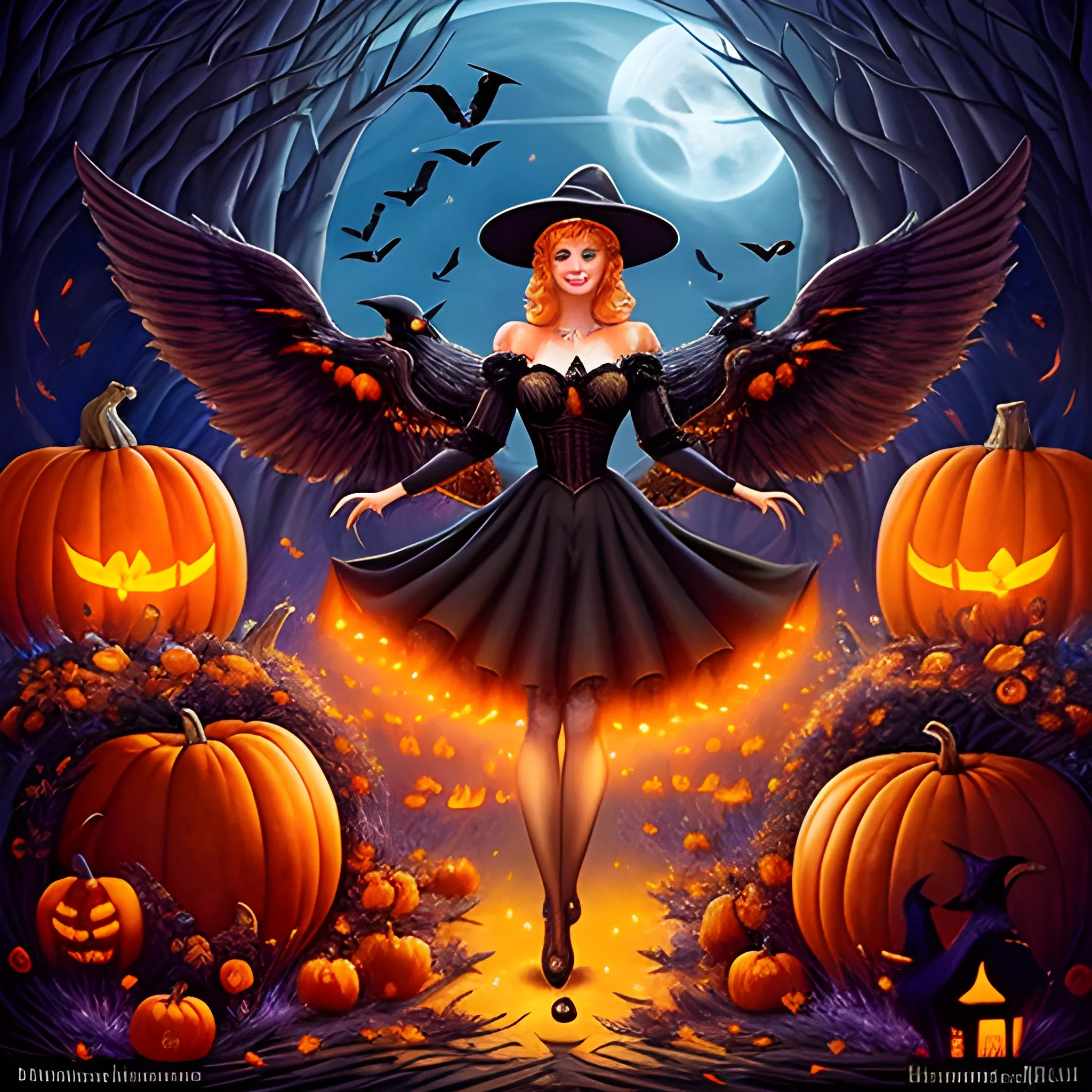 a beautiful young witch surrounded by ravens and pumpkins, fanta ...