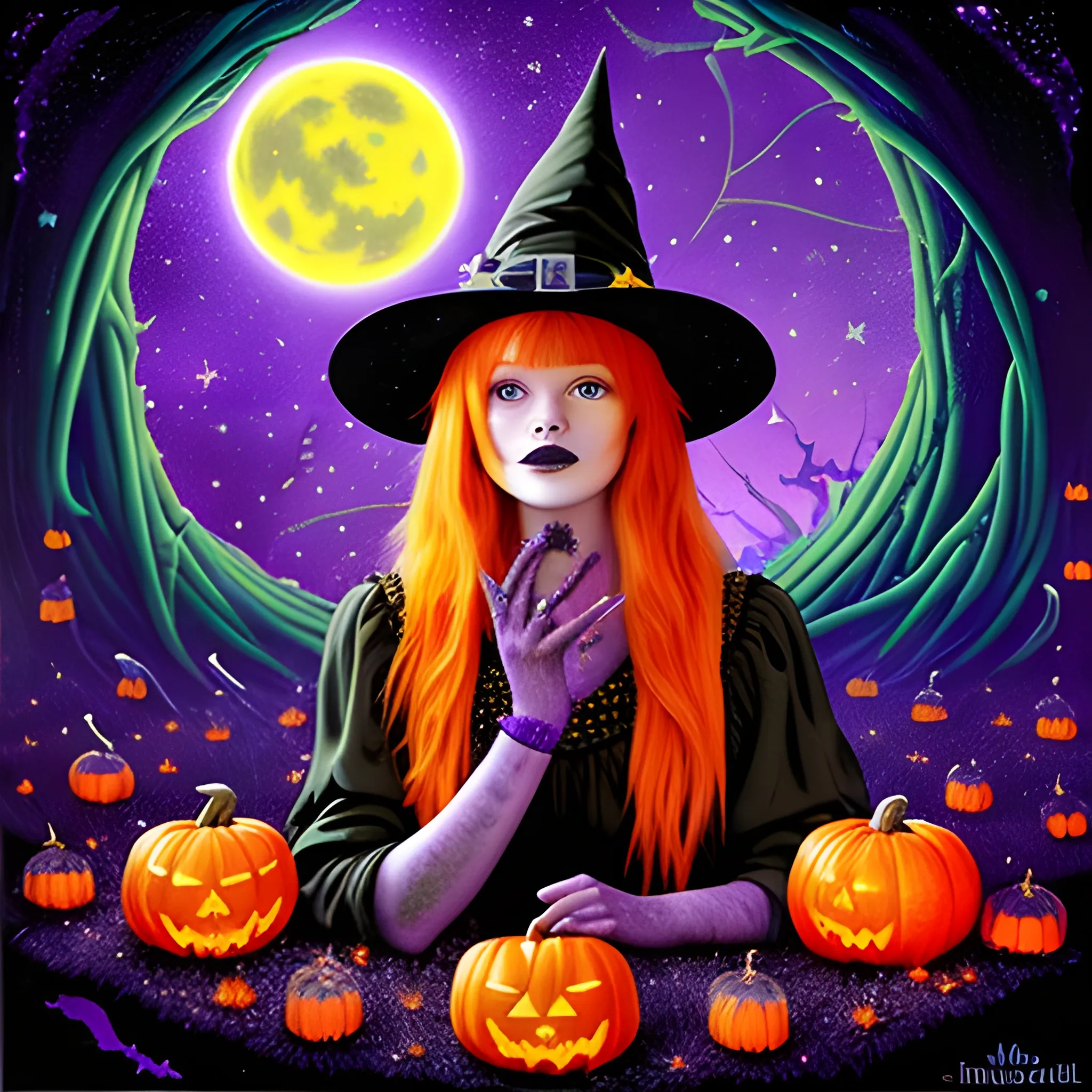 Bella Thorne / Sadie Sink face morph as a Halloween Witch, wearing a thorny witch hat adorned with thorns and black roses; Halloween, bats, full moon in a nebula sky, neon spray paint, acrylic paint, fantastical surrealist world, in the style of Stephen Gammell, extremely detailed, sick, gothic, eldritch, candles, neon grape purple, dayglo orange, chartreuse green, Halloween perfect purple pumpkins, green skulls, orange bats, magic, candles, cobweb, spider, glitter, luminous color sparkles, dayglo orange, neon grape purple, chartreuse green, hot pink, stars, sparkles, glitter, lanterns, gourds, Halloween; Goddess of the Night with a crescent moon and many stars in the style of Maxfield Parrish, starry night, James R. Eads, 3D