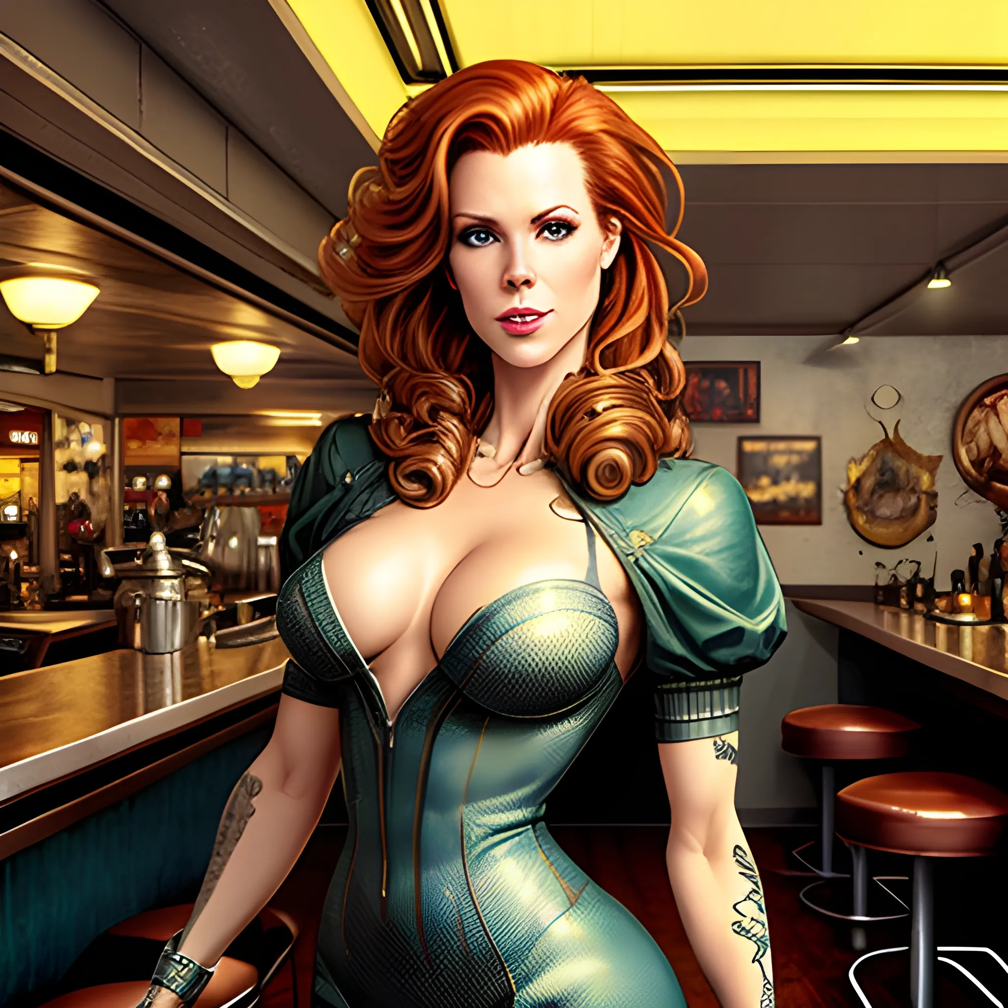 young Robyn Lively in a 50's diner, meticulously detailed eyes, perfect full-length body, perfect anatomy, her highly detailed face, meticulously detailed hair and clothes by artist "Aleksi Briclot" and Russ Mills, Dan Mumford, teen witch 