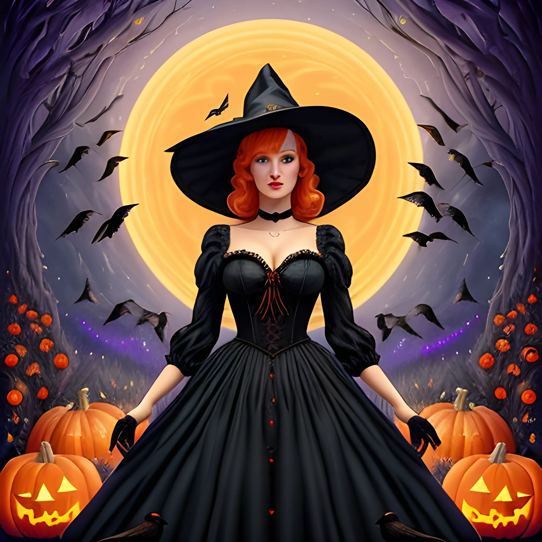 a beautiful young witch surrounded by ravens and pumpkins, fantasy art by Jana Brike, Margaret Brundage, Gil Elvgren, Mister Feelgood Art, BoneHed-Art, XNO art, J-Skipper, Zan Von Zed; beautiful lights, luminous color sparkles, glitter, effulgent light, Renaissance,16k, mixed media, ethereal, Unreal Engine 5