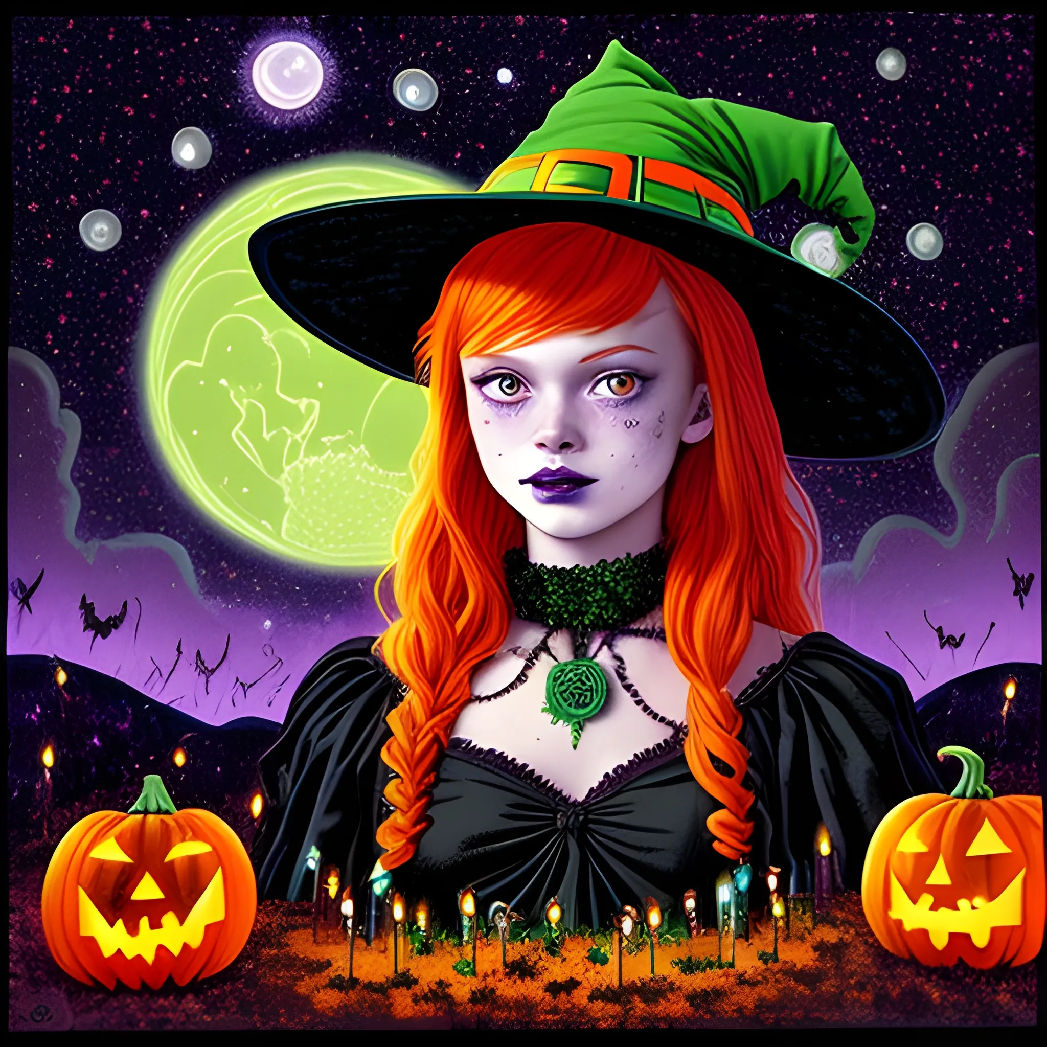 Bella Thorne / Sadie Sink face morph as a Halloween Witch, wearing a thorny witch hat adorned with thorns and black roses; Halloween, bats, full moon in a nebula sky, neon spray paint, acrylic paint, fantastical surrealist world, in the style of Stephen Gammell, extremely detailed, sick, gothic, eldritch, candles, neon grape purple, dayglo orange, chartreuse green, Halloween perfect purple pumpkins, green skulls, orange bats, magic, candles, cobweb, spider, glitter, luminous color sparkles, dayglo orange, neon grape purple, chartreuse green, hot pink, stars, sparkles, glitter, lanterns, gourds, Halloween; Goddess of the Night with a crescent moon and many stars in the style of Maxfield Parrish, starry night, James R. Eads