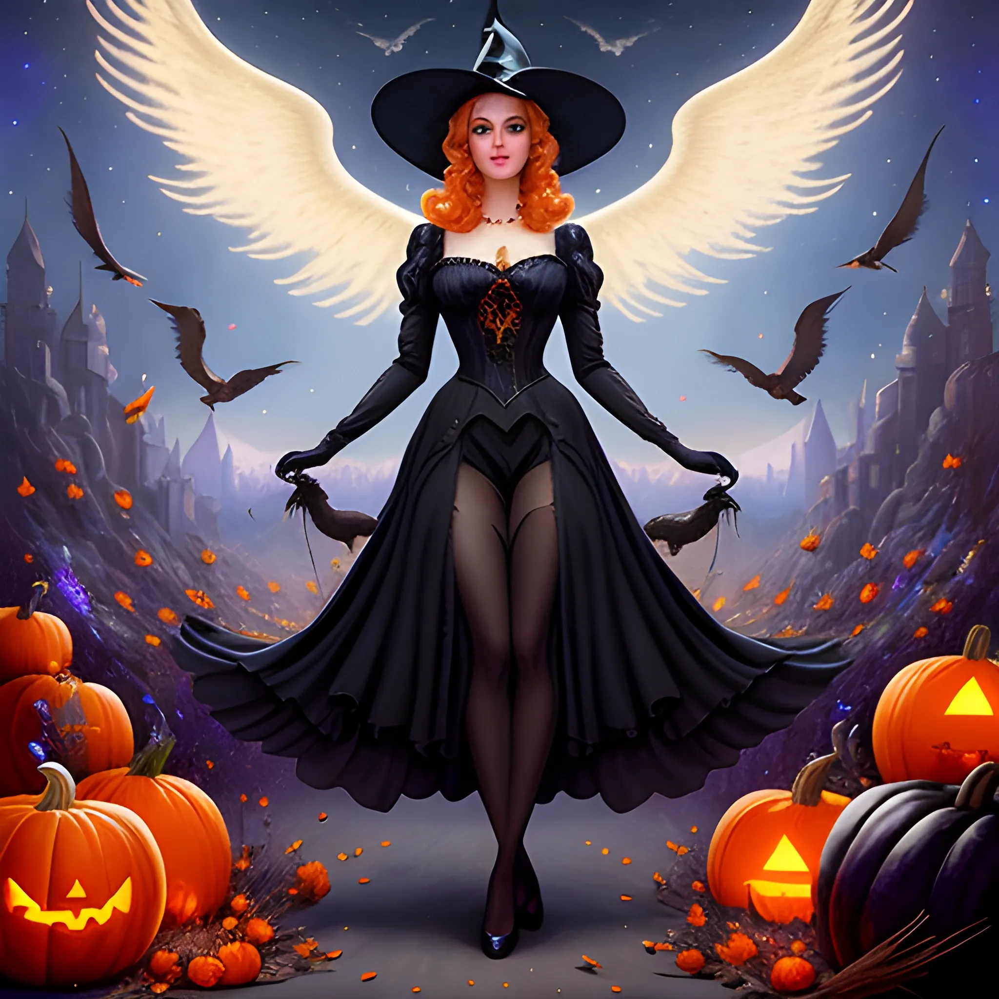 a beautiful young witch surrounded by ravens and pumpkins, fanta ...