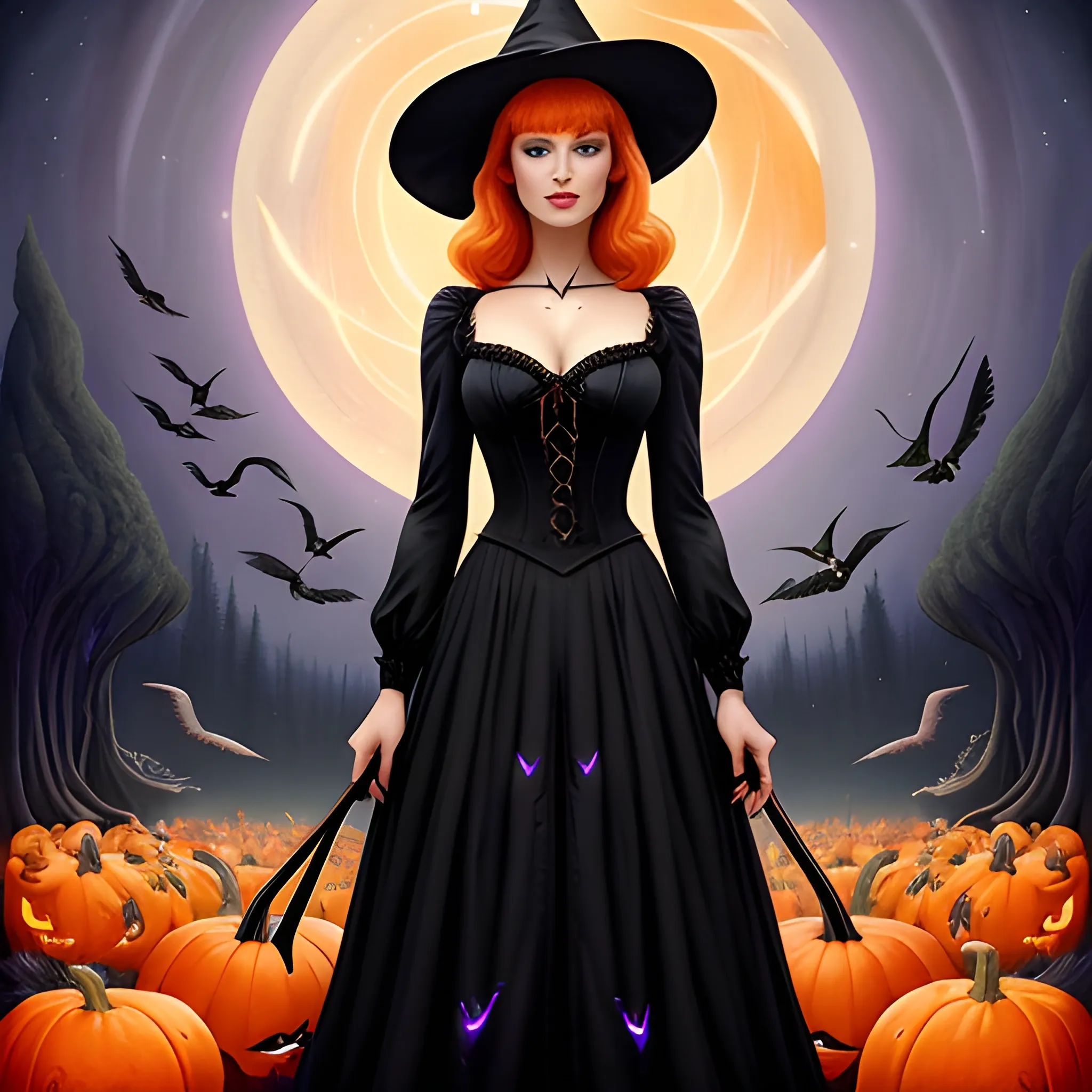 a beautiful young witch surrounded by ravens and pumpkins, fanta ...