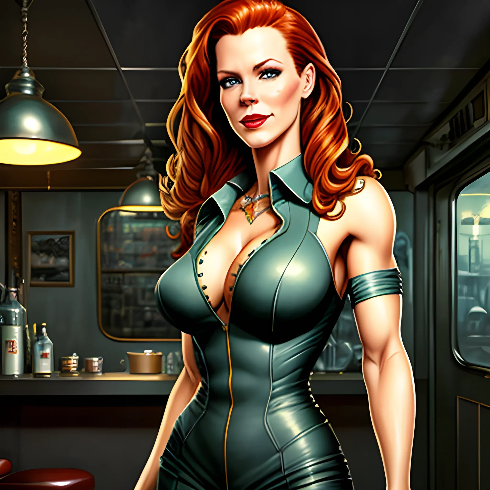 young Robyn Lively in a 50's diner, meticulously detailed eyes, perfect full-length body, perfect anatomy, her highly detailed face, meticulously detailed hair and clothes by artist "Aleksi Briclot" and Russ Mills, Dan Mumford, teen witch 