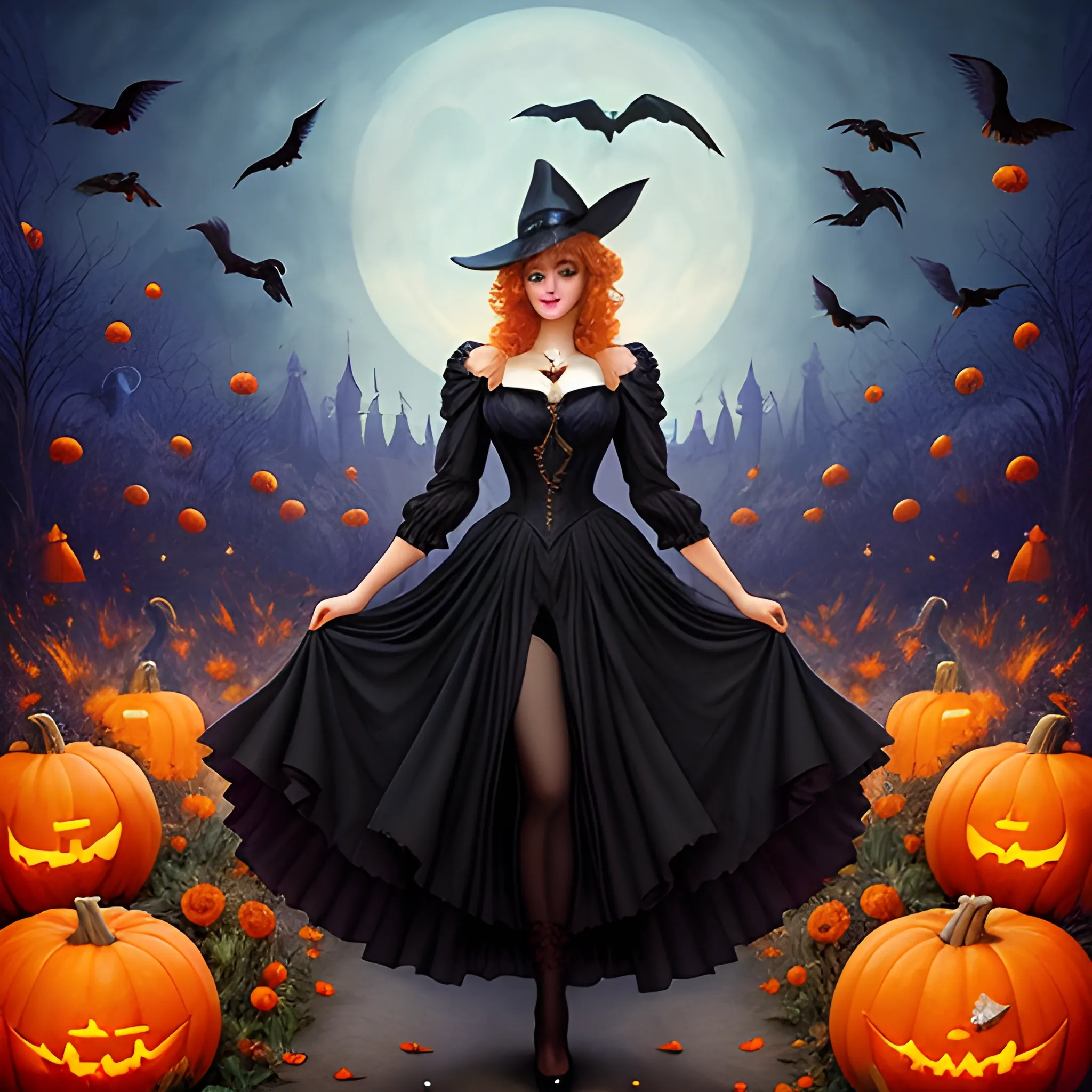 a beautiful young witch surrounded by ravens and pumpkins, fanta ...