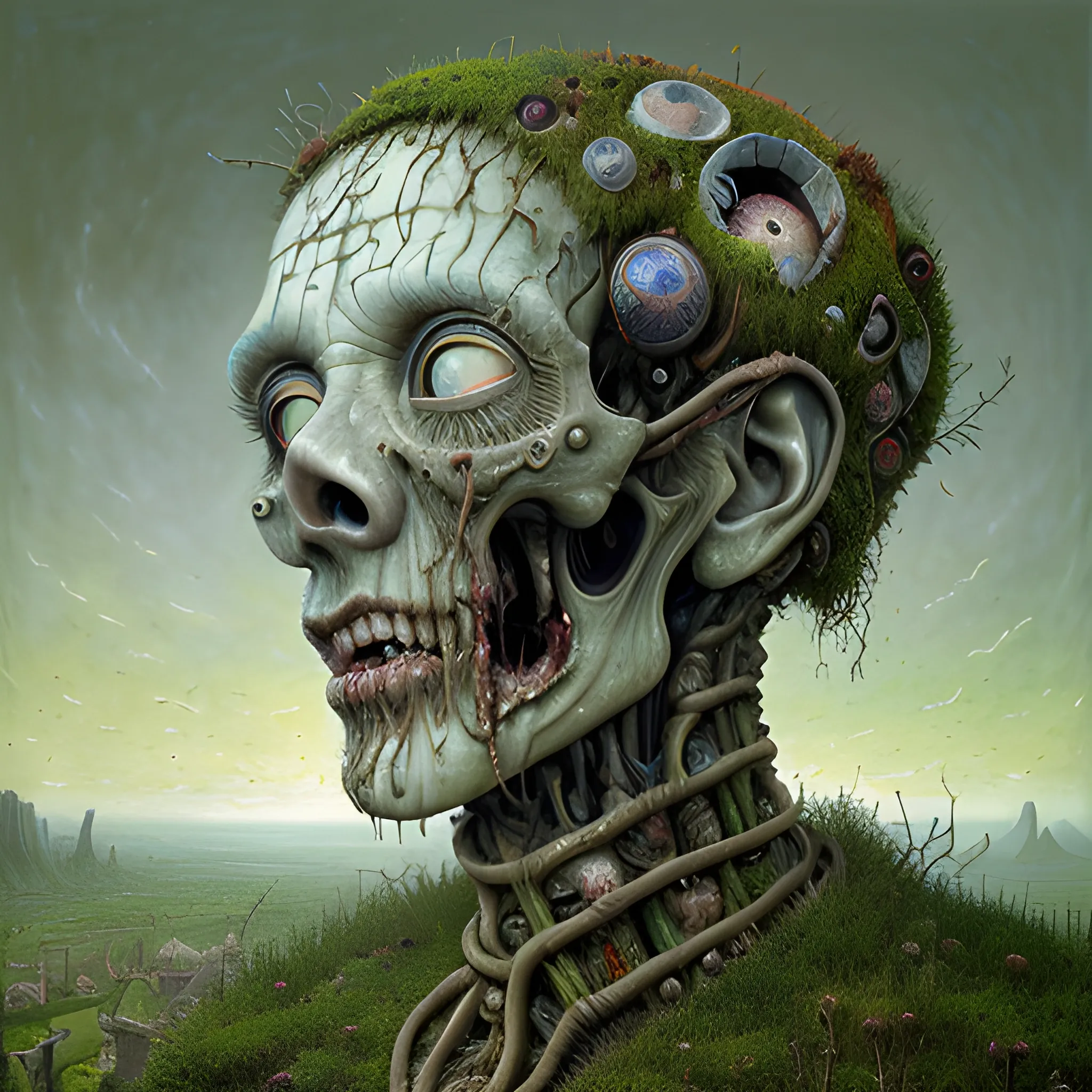 A hyperreal oil painting of a decayed zombie head, bulging eyes, rotten green skin, grey beard, blue veins, moss ivy hair skull, octane render; gediminas pranckevicius, volumetric light 2, laurie lipton, minarets, fantasy, high definition, acrylic art, intricately detailed, Jacek Yerka, Peter Gric, Hundertwasser