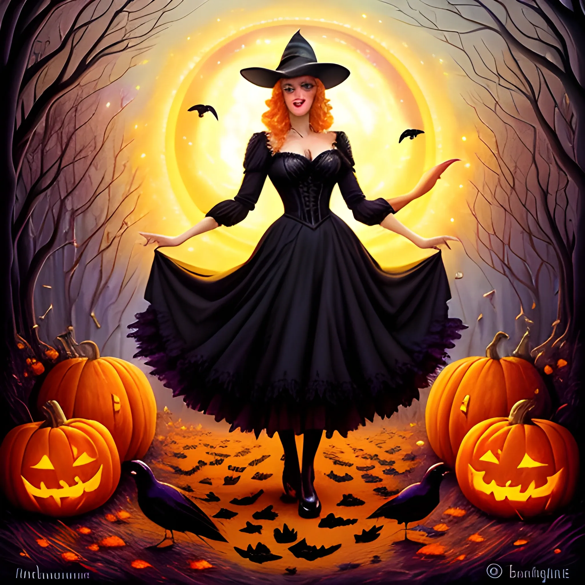 a beautiful young witch surrounded by ravens and pumpkins, fanta ...