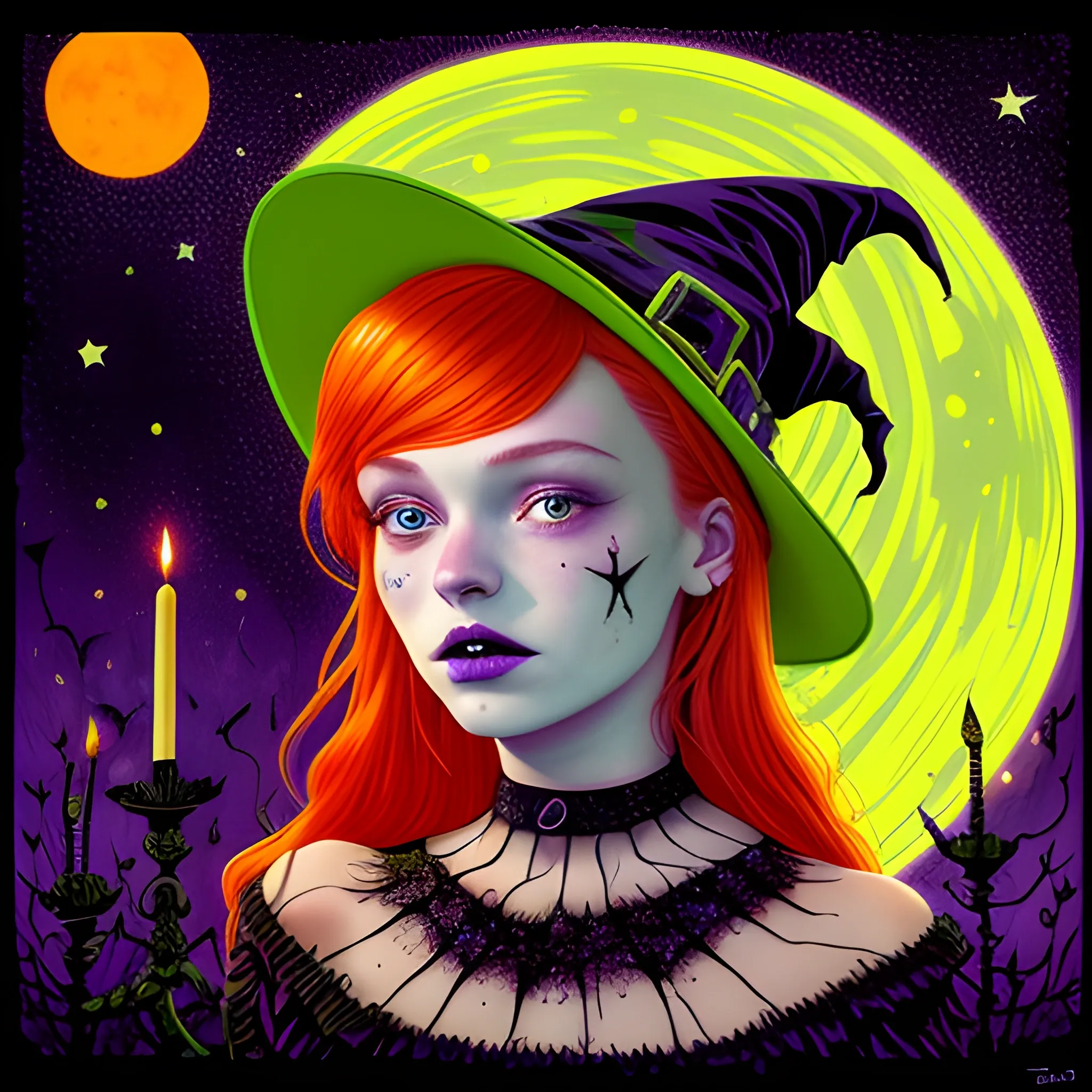 Bella Thorne / Sadie Sink face morph as a Halloween Witch, wearing a thorny witch hat adorned with thorns and black roses; Halloween, bats, full moon in a nebula sky, neon spray paint, acrylic paint, fantastical surrealist world, in the style of Stephen Gammell, extremely detailed, sick, gothic, eldritch, candles, neon grape purple, dayglo orange, chartreuse green, Halloween perfect purple pumpkins, green skulls, orange bats, magic, candles, cobweb, spider, glitter, luminous color sparkles, dayglo orange, neon grape purple, chartreuse green, hot pink, stars, sparkles, glitter, lanterns, gourds, Halloween; Goddess of the Night with a crescent moon and many stars in the style of Maxfield Parrish, starry night, James R. Eads