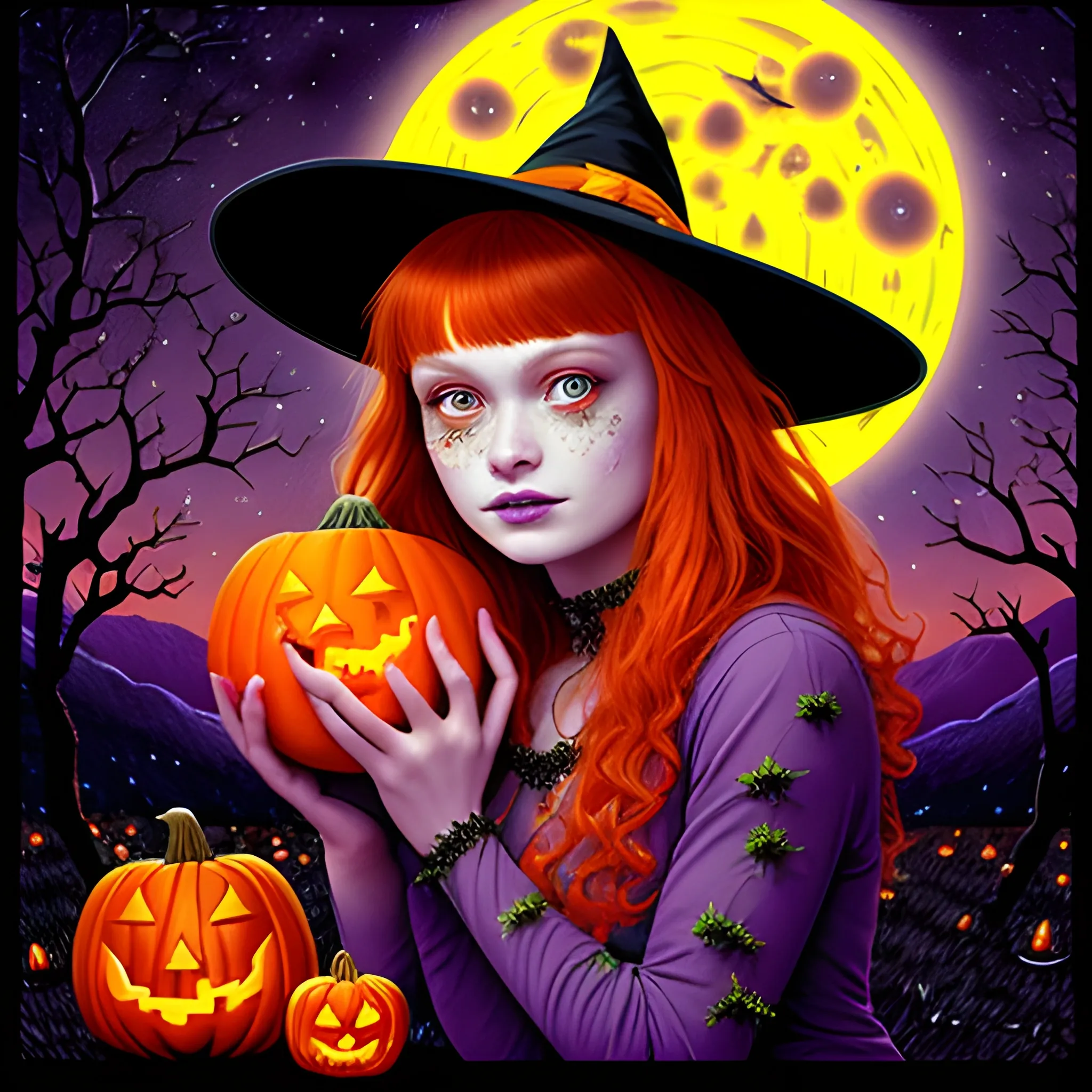 Bella Thorne / Sadie Sink face morph as a Halloween Witch, wearing a thorny witch hat adorned with thorns and black roses; Halloween, bats, full moon in a nebula sky, neon spray paint, acrylic paint, fantastical surrealist world, in the style of Stephen Gammell, extremely detailed, sick, gothic, eldritch, candles, neon grape purple, dayglo orange, chartreuse green, Halloween perfect purple pumpkins, green skulls, orange bats, magic, candles, cobweb, spider, glitter, luminous color sparkles, dayglo orange, neon grape purple, chartreuse green, hot pink, stars, sparkles, glitter, lanterns, gourds, Halloween; Goddess of the Night with a crescent moon and many stars in the style of Maxfield Parrish, starry night, James R. Eads