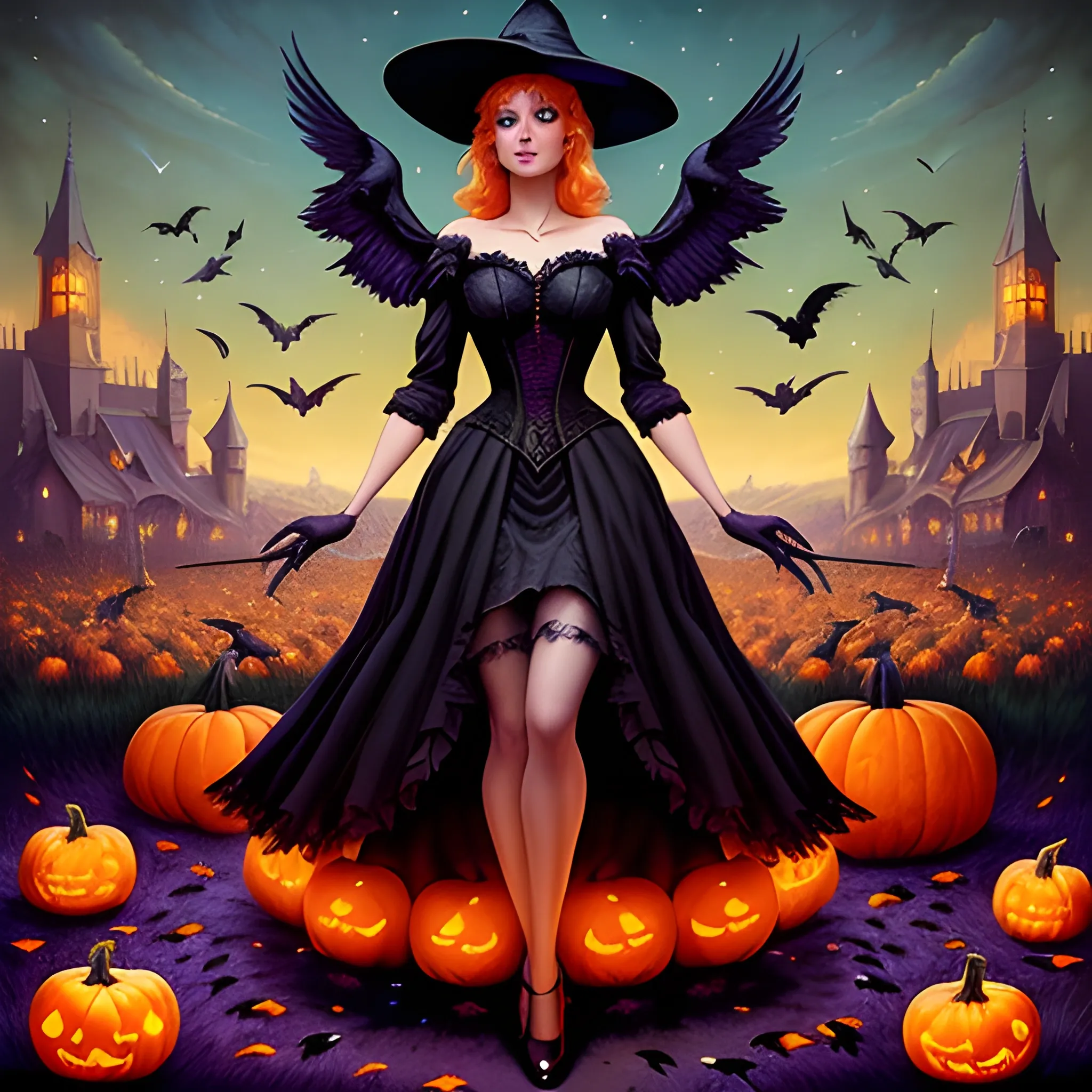 a beautiful young witch surrounded by ravens and pumpkins, fanta ...