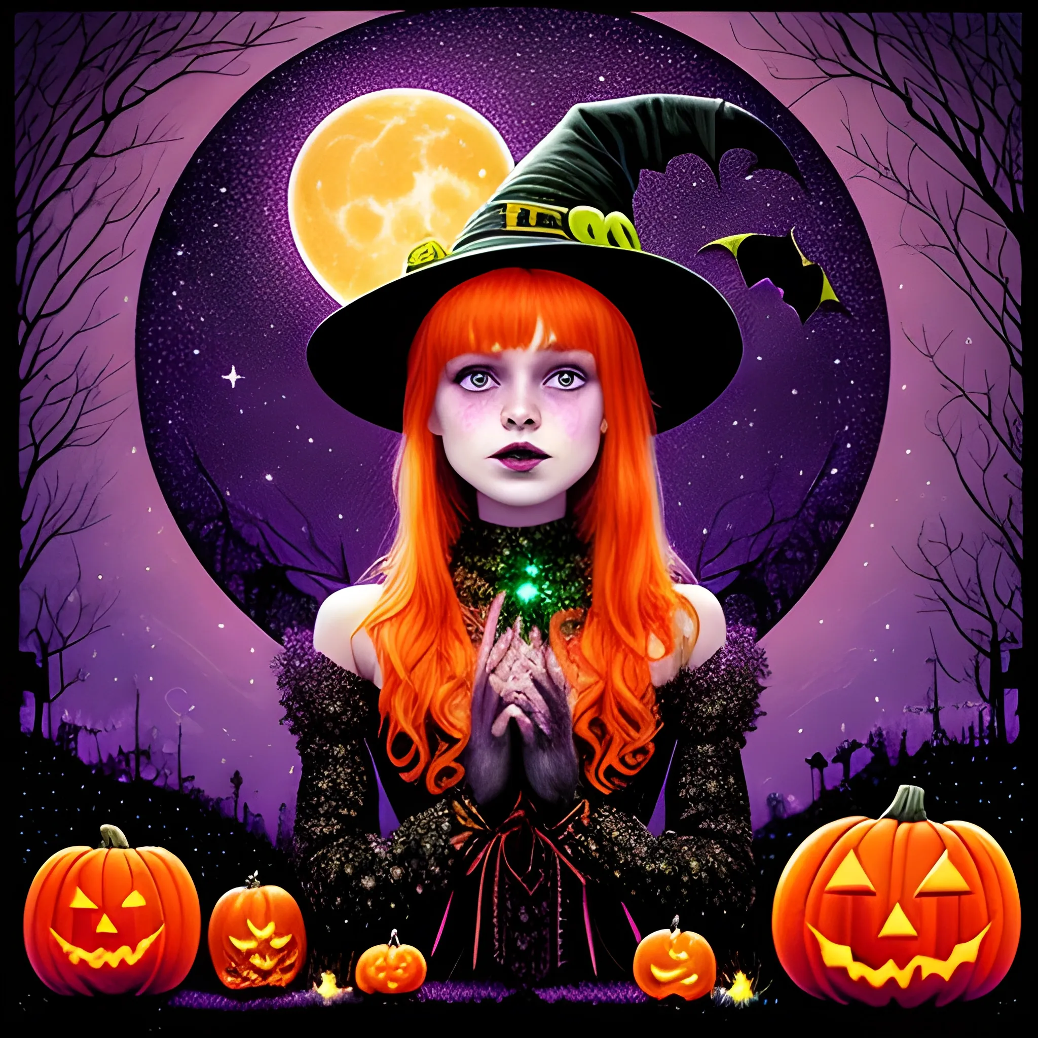 Bella Thorne / Sadie Sink face morph as a Halloween Witch, wearing a thorny witch hat adorned with thorns and black roses; Halloween, bats, full moon in a nebula sky, neon spray paint, acrylic paint, fantastical surrealist world, in the style of Stephen Gammell, extremely detailed, sick, gothic, eldritch, candles, neon grape purple, dayglo orange, chartreuse green, Halloween perfect purple pumpkins, green skulls, orange bats, magic, candles, cobweb, spider, glitter, luminous color sparkles, dayglo orange, neon grape purple, chartreuse green, hot pink, stars, sparkles, glitter, lanterns, gourds, Halloween; Goddess of the Night with a crescent moon and many stars in the style of Maxfield Parrish, starry night, James R. Eads