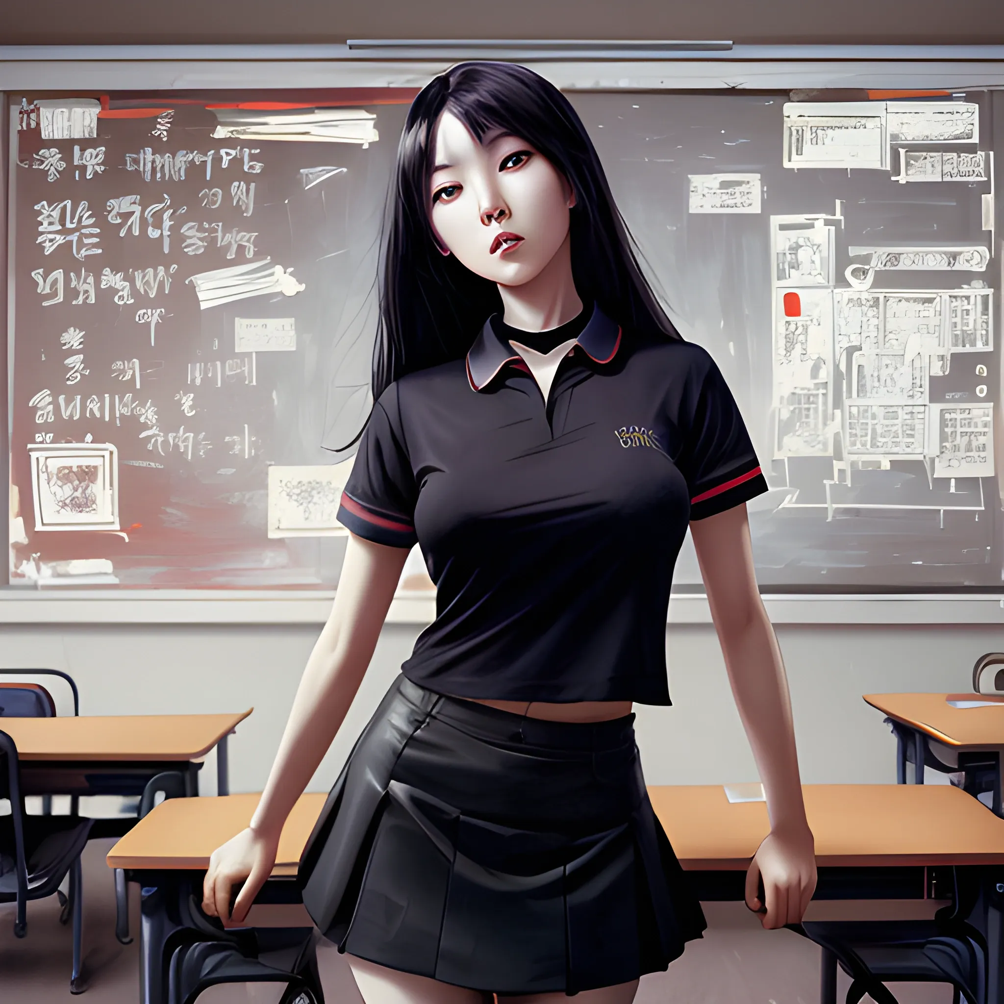 dark painting, intensive colors, casual fashion shot of a Beautiful korean female teacher wearing stockings , longhaired, symmetric face, manga eyes, full figure, fit, miniskirt, tight shirt, collar, with class room as background, sinister art by Greg Rutkowski, Oil Painting