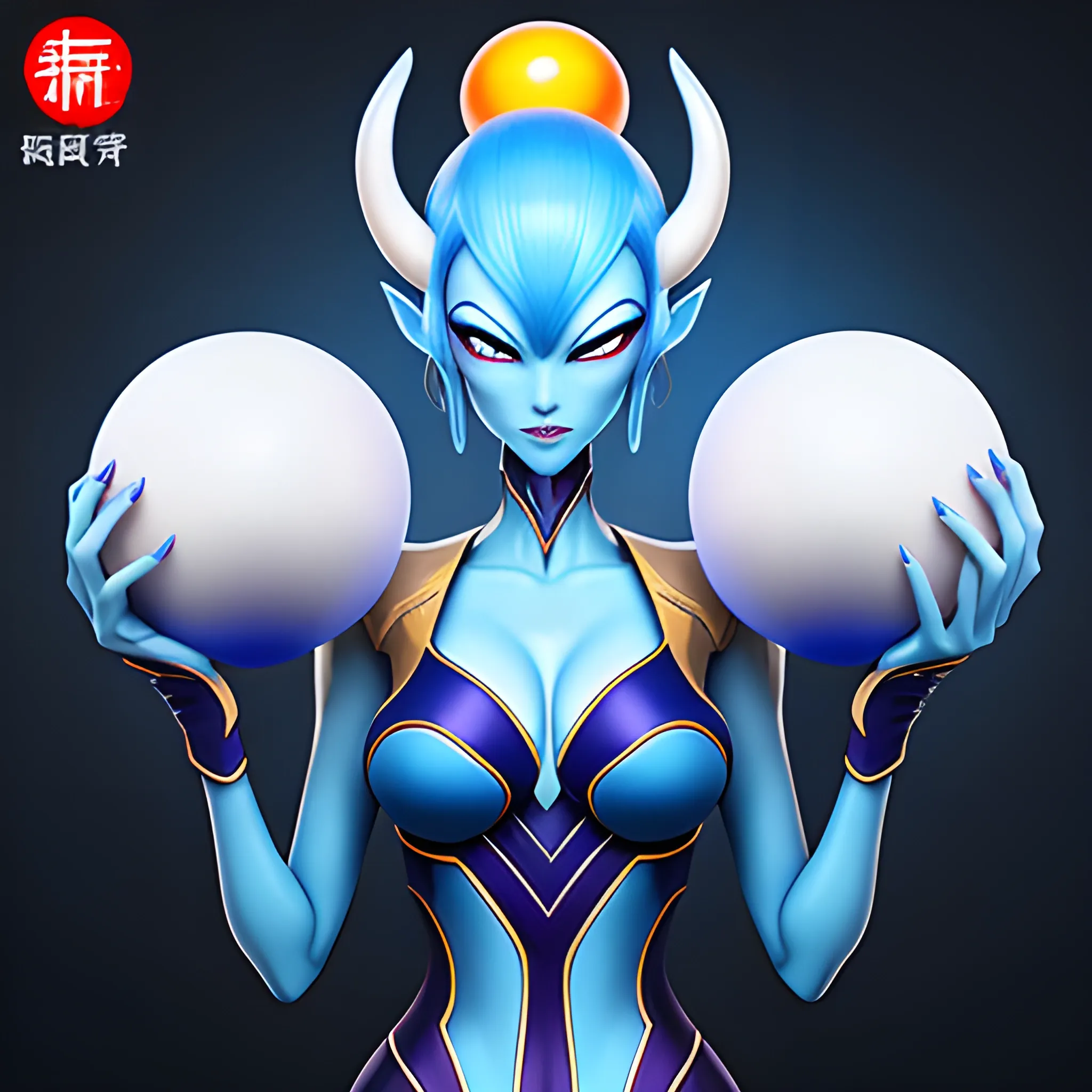 baby blue alien holding a blue ball, in the style of he jiaying, colorful costumes, lively action poses, fawncore, qian xuan, colorful animations, light white and dark blue --ar 76:85 --s 250