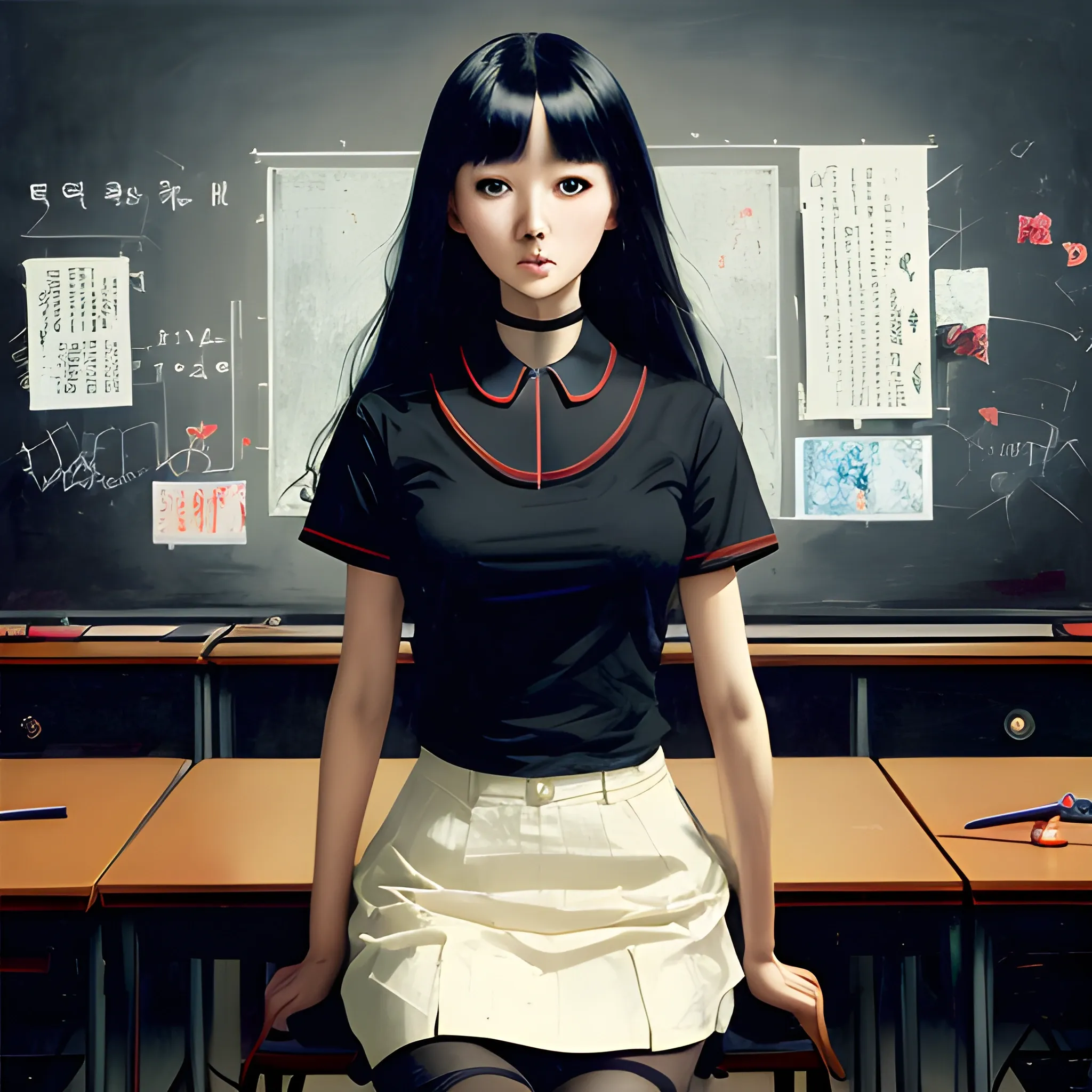 dark painting, intensive colors, casual fashion shot of a Beautiful korean female teacher wearing stockings , longhaired, symmetric face, manga eyes, full figure, fit, miniskirt, tight shirt, collar, with class room as background, sinister art by Greg Rutkowski, Oil Painting