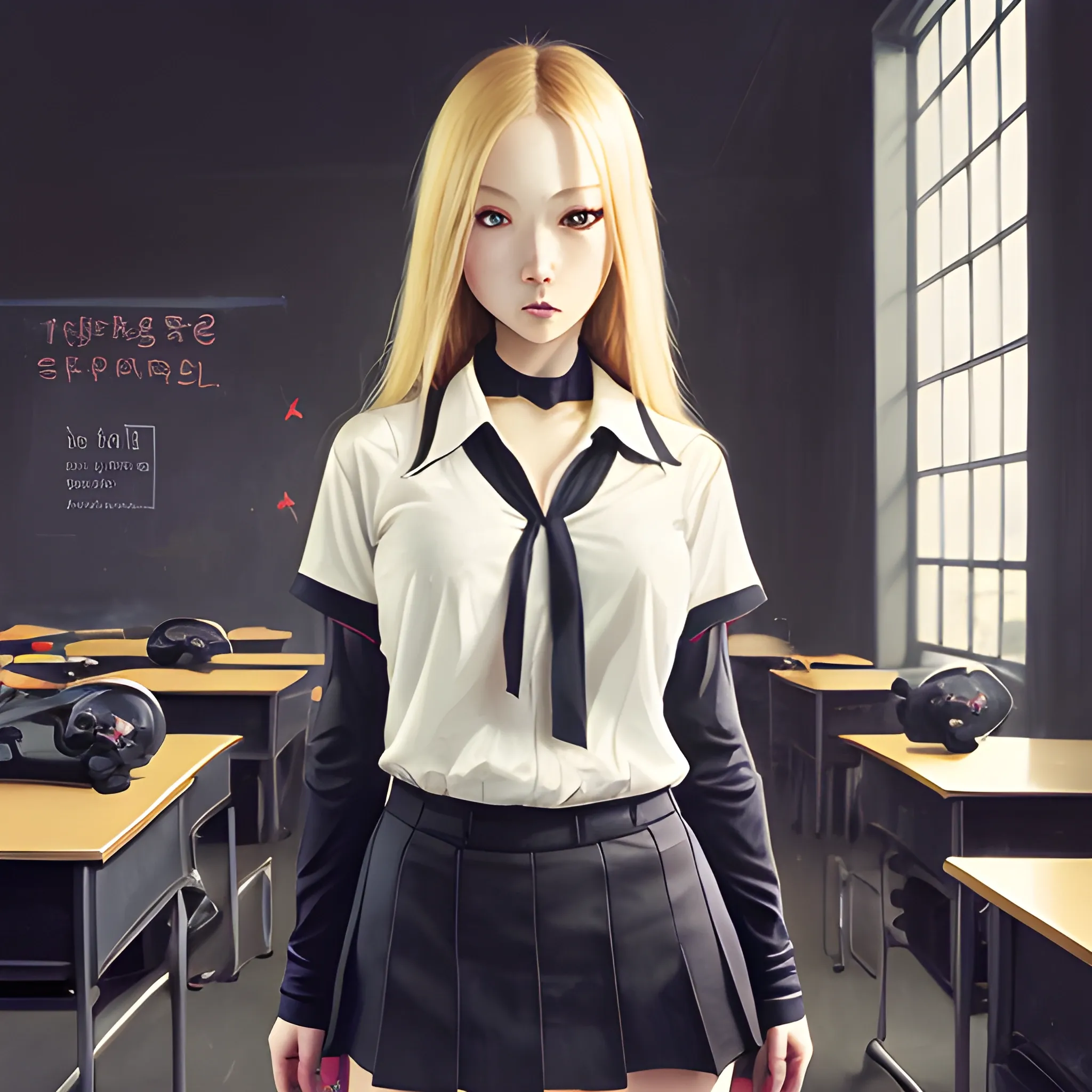 dark painting, intensive colors, casual fashion shot of a Beautiful korean blonde female teacher wearing stockings , longhaired, symmetric face, manga eyes, full figure, fit, miniskirt, tight shirt, collar, with class room as background, sinister art by Greg Rutkowski, Oil Painting