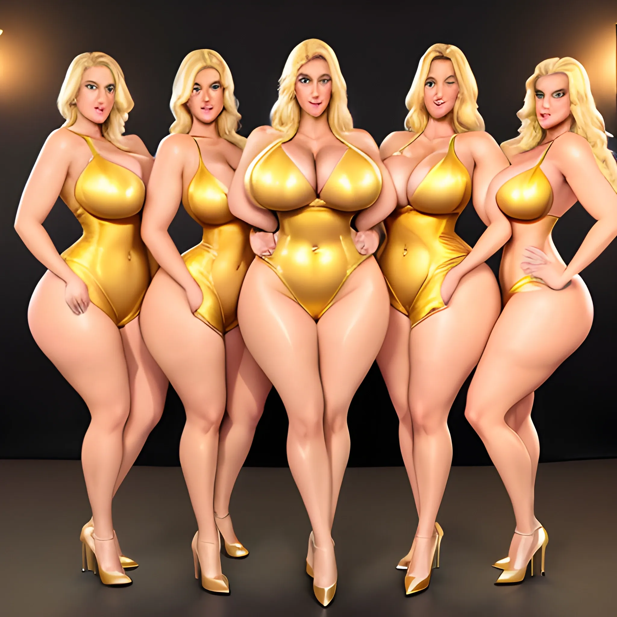 massive and very tall, beautiful, plus size, friendly beautiful blonde girl, broad shoulders, small round breasts, slightly muscular, golden blonde hair, full voluptuous hourglass body and long big thighs and big legs in short tight dress, athletic, standing in Belgian courtyard next to her five slightly shorter blonde daughters with the same bodytype loving her and hugging and clinging to her and kissing her