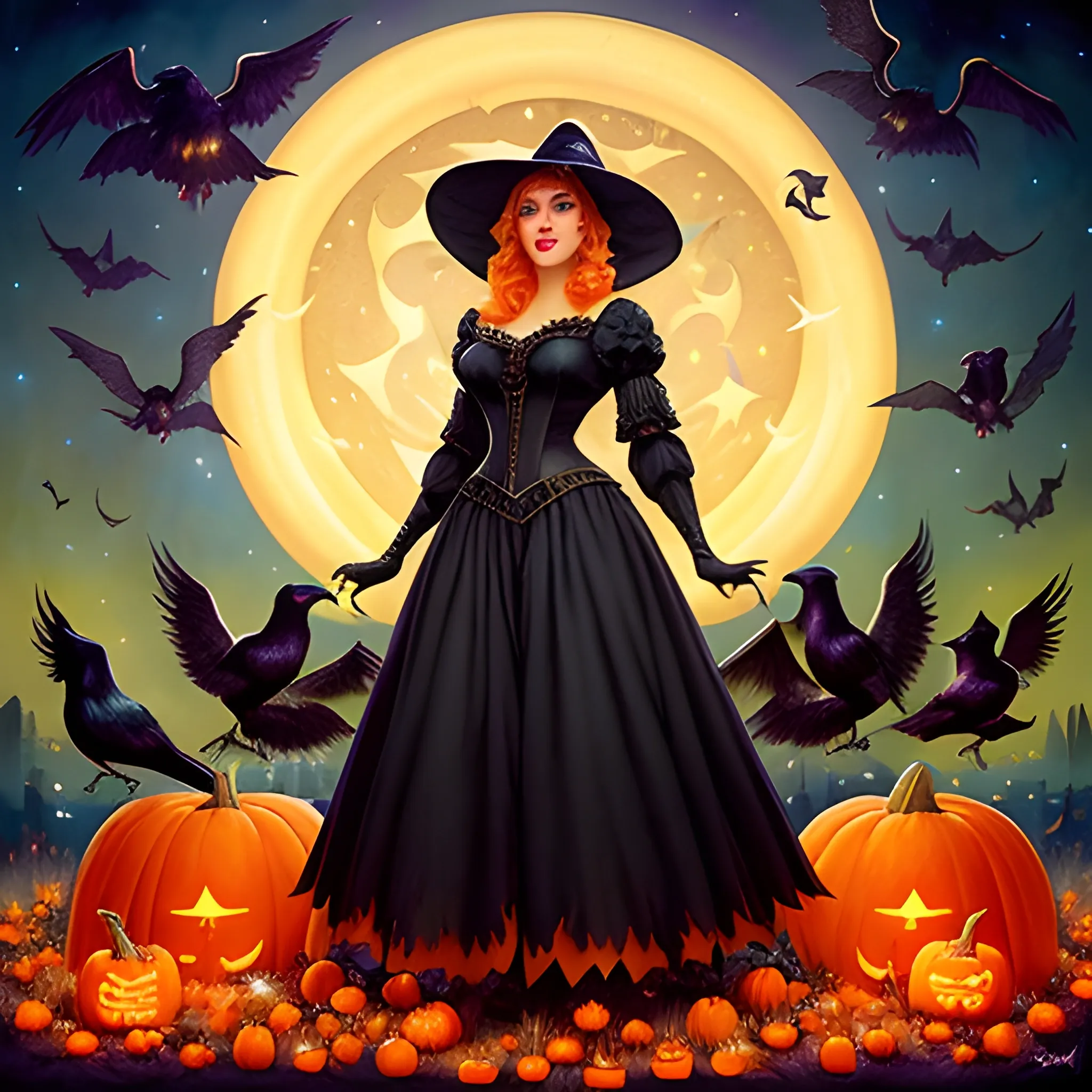 a beautiful young witch surrounded by ravens and pumpkins, fantasy art by Jana Brike, Margaret Brundage, Gil Elvgren, Mister Feelgood Art, BoneHed-Art, XNO art, J-Skipper, Zan Von Zed; beautiful lights, luminous color sparkles, glitter, effulgent light, Renaissance,16k, mixed media, ethereal, Unreal Engine 5