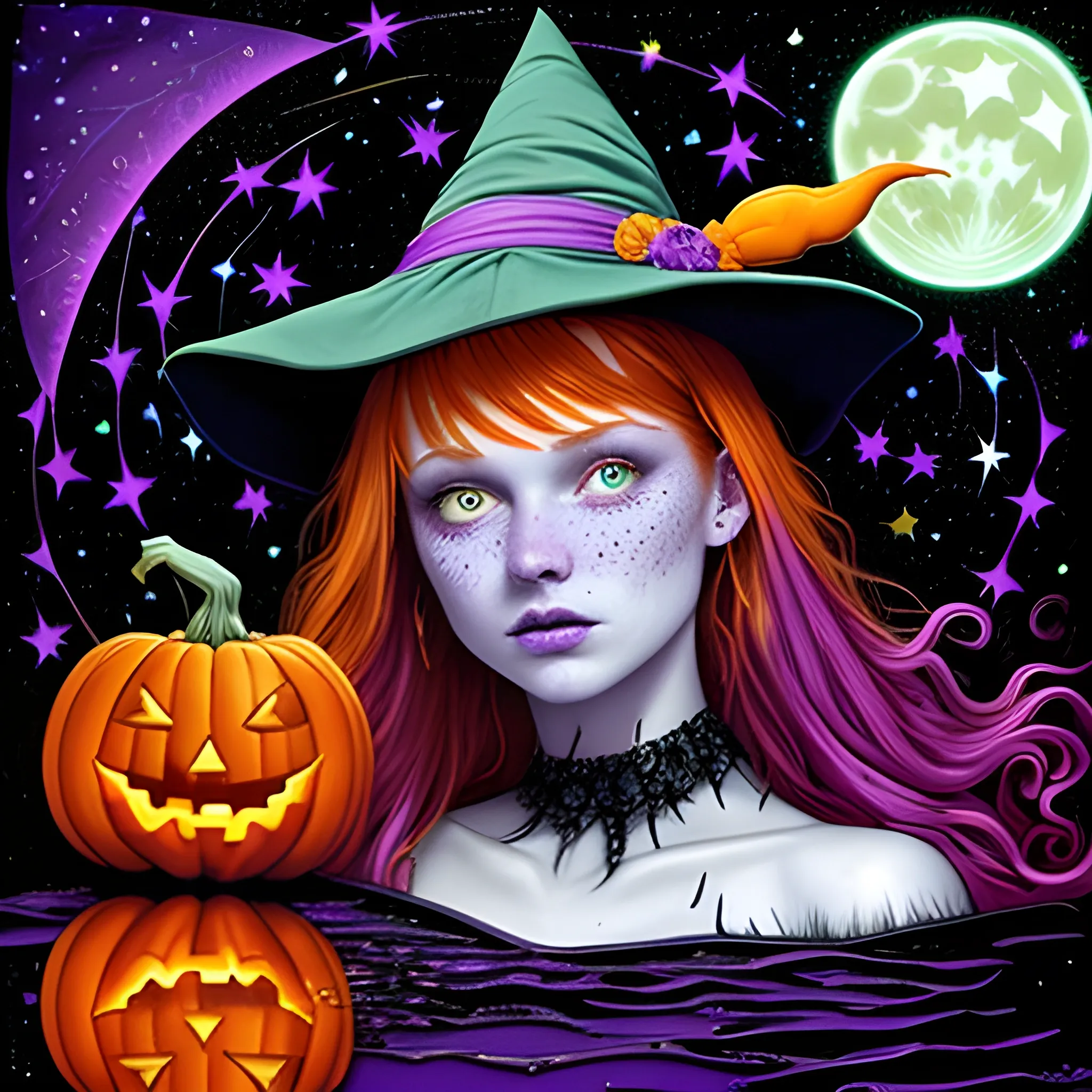 Bella Thorne / Sadie Sink face morph as a Halloween Witch, wearing a thorny witch hat adorned with thorns and black roses; Halloween, bats, full moon in a nebula sky, neon spray paint, acrylic paint, fantastical surrealist world, in the style of Stephen Gammell, extremely detailed, sick, gothic, eldritch, candles, neon grape purple, dayglo orange, chartreuse green, Halloween perfect purple pumpkins, green skulls, orange bats, magic, candles, cobweb, spider, glitter, luminous color sparkles, dayglo orange, neon grape purple, chartreuse green, hot pink, stars, sparkles, glitter, lanterns, gourds, Halloween; Goddess of the Night with a crescent moon and many stars in the style of Maxfield Parrish, starry night, James R. Eads