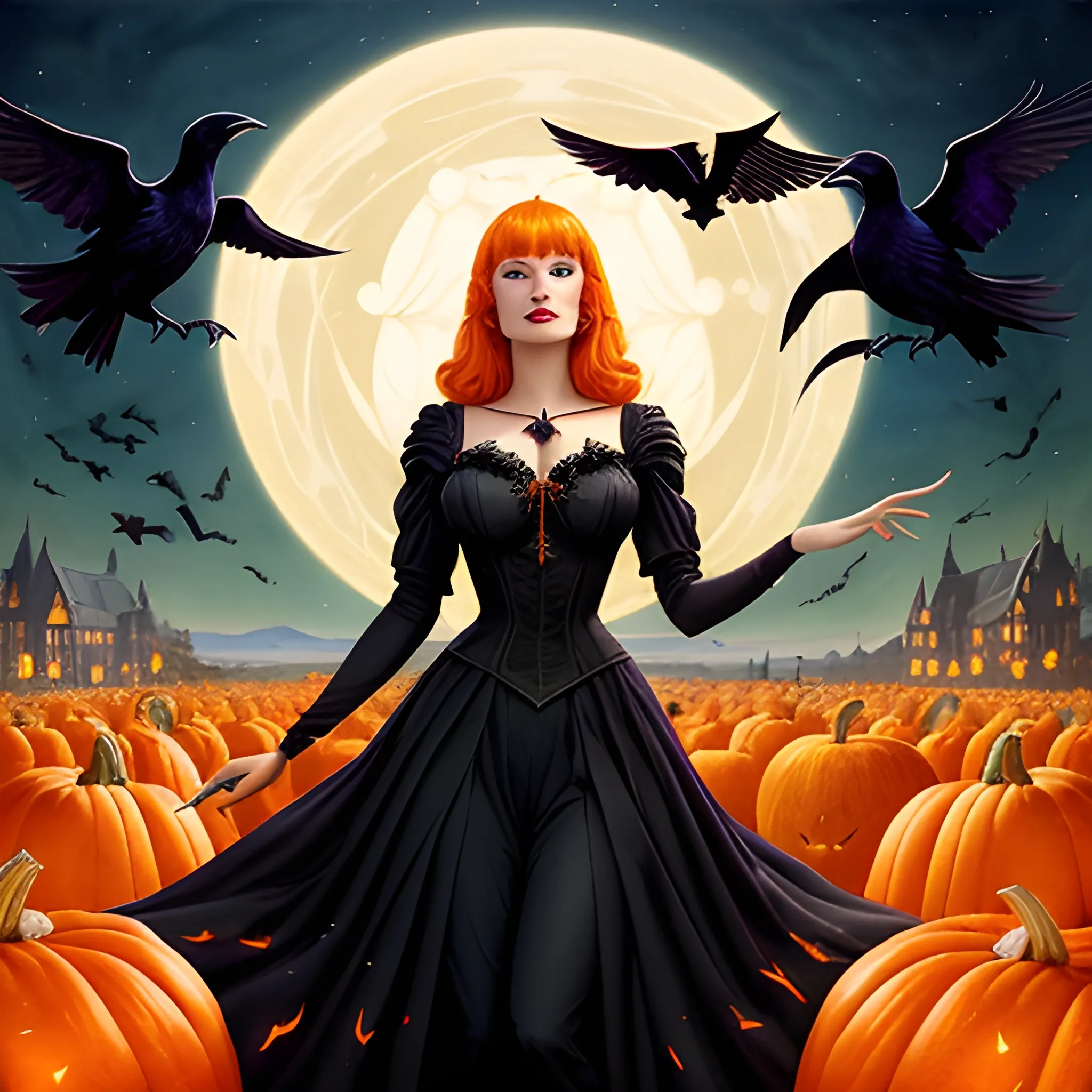 a beautiful young witch surrounded by ravens and pumpkins, fanta ...