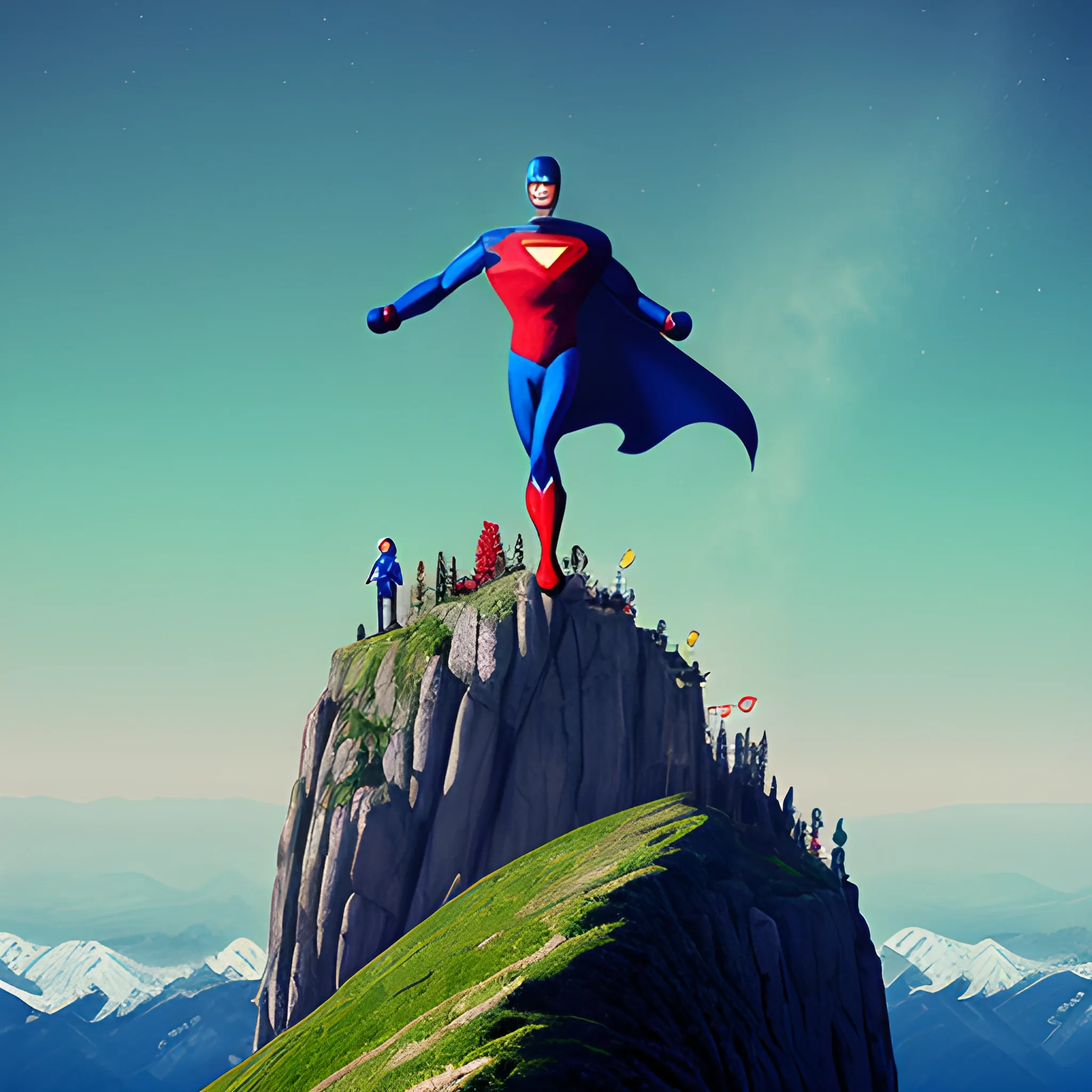 Photo super hero on top of a generative mountain