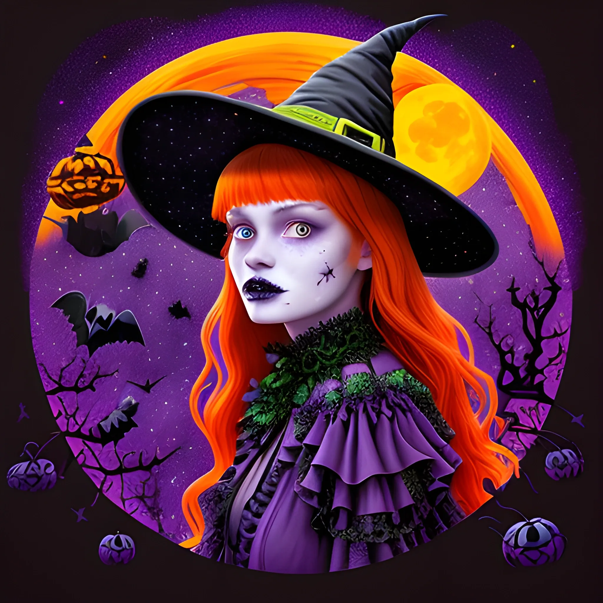 Bella Thorne / Sadie Sink face morph as a Halloween Witch, wearing a thorny witch hat adorned with thorns and black roses; Halloween, bats, full moon in a nebula sky, neon spray paint, acrylic paint, fantastical surrealist world, in the style of Stephen Gammell, extremely detailed, sick, gothic, eldritch, candles, neon grape purple, dayglo orange, chartreuse green, Halloween perfect purple pumpkins, green skulls, orange bats, magic, candles, cobweb, spider, glitter, luminous color sparkles, dayglo orange, neon grape purple, chartreuse green, hot pink, stars, sparkles, glitter, lanterns, gourds, Halloween; Goddess of the Night with a crescent moon and many stars in the style of Maxfield Parrish, starry night, James R. Eads, 3D